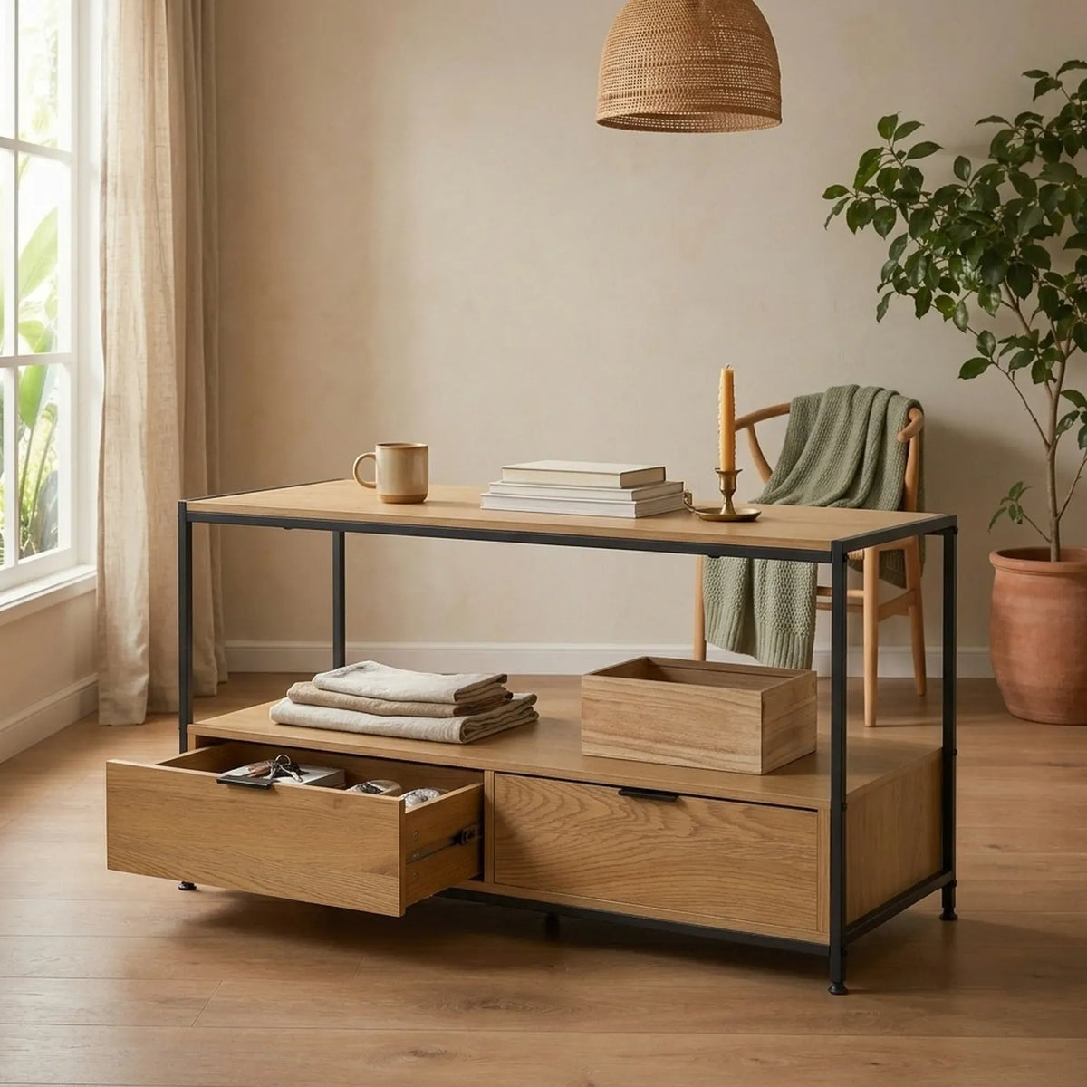 Coffee Table with 2 Drawers and Open Shelf Rustic Steel and MDF - Brown - Furniture > Dining > Buffets & Sideboards - Rivercity House & Home Co. (ABN 18 642 972 209) - Affordable Modern Furniture Australia