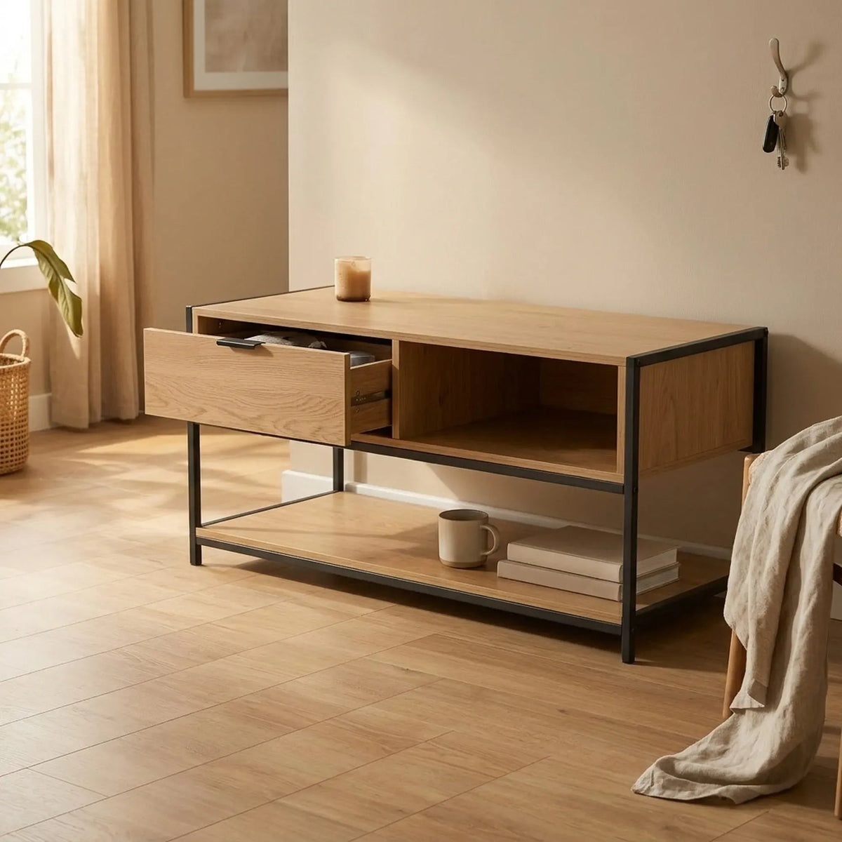 Coffee Table with Drawer, Wood-Look MDF and Steel Frame, Rustic Design - Brown - Furniture > Living Room > TV Units - Rivercity House & Home Co. (ABN 18 642 972 209) - Affordable Modern Furniture Australia