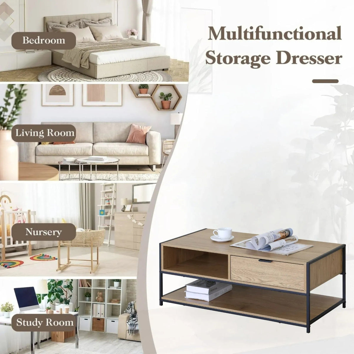 Coffee Table with Drawer, Wood-Look MDF and Steel Frame, Rustic Design - Brown - Furniture > Living Room > TV Units - Rivercity House & Home Co. (ABN 18 642 972 209) - Affordable Modern Furniture Australia