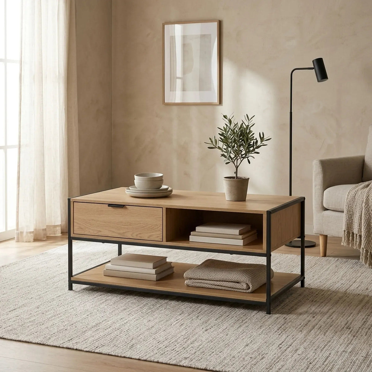 Coffee Table with Drawer, Wood-Look MDF and Steel Frame, Rustic Design - Brown - Furniture > Living Room > TV Units - Rivercity House & Home Co. (ABN 18 642 972 209) - Affordable Modern Furniture Australia