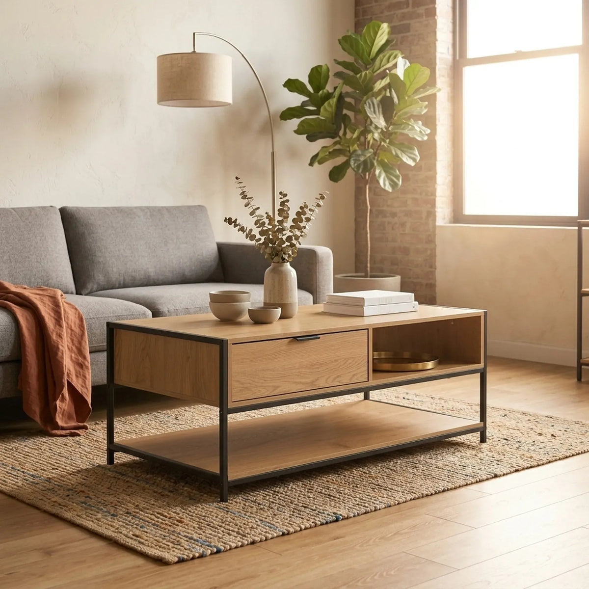 Coffee Table with Drawer, Wood-Look MDF and Steel Frame, Rustic Design - Brown - Furniture > Living Room > TV Units - Rivercity House & Home Co. (ABN 18 642 972 209) - Affordable Modern Furniture Australia
