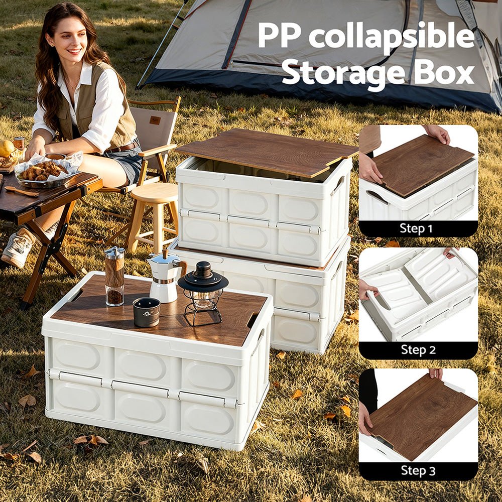 Collapsible Outdoor Storage Box 50L Stackable Folding Camping Organizer Plywood Lid Beige - Home & Garden > Storage > Storage Boxes - Rivercity House & Home Co. (ABN 18 642 972 209) - Affordable Modern Furniture Australia