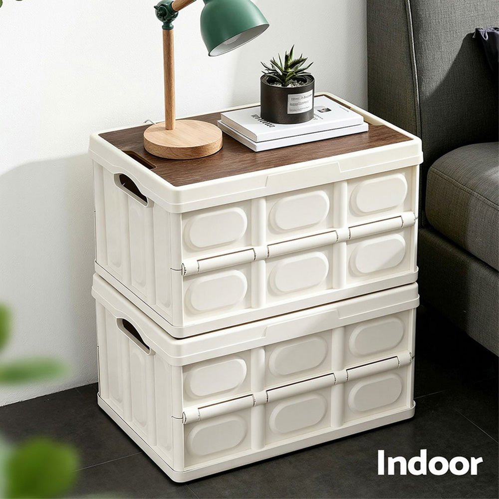 Collapsible Outdoor Storage Box 50L Stackable Folding Camping Organizer Plywood Lid Beige - Home & Garden > Storage > Storage Boxes - Rivercity House & Home Co. (ABN 18 642 972 209) - Affordable Modern Furniture Australia