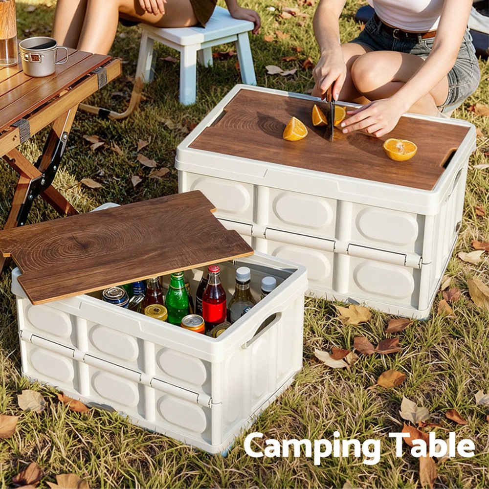 Collapsible Outdoor Storage Box 50L Stackable Folding Camping Organizer Plywood Lid Beige - Home & Garden > Storage > Storage Boxes - Rivercity House & Home Co. (ABN 18 642 972 209) - Affordable Modern Furniture Australia