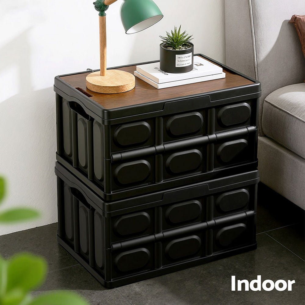 Collapsible Outdoor Storage Box 50L Stackable Folding Camping Organizer Plywood Lid Black - Home & Garden > Storage > Storage Boxes - Rivercity House & Home Co. (ABN 18 642 972 209) - Affordable Modern Furniture Australia