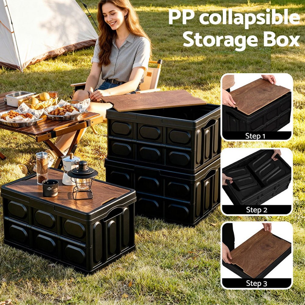 Collapsible Outdoor Storage Box 50L Stackable Folding Camping Organizer Plywood Lid Black - Home & Garden > Storage > Storage Boxes - Rivercity House & Home Co. (ABN 18 642 972 209) - Affordable Modern Furniture Australia