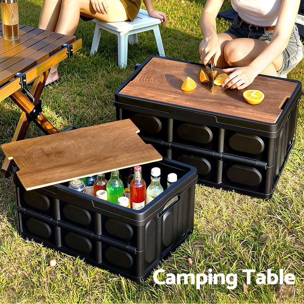 Collapsible Outdoor Storage Box 50L Stackable Folding Camping Organizer Plywood Lid Black - Home & Garden > Storage > Storage Boxes - Rivercity House & Home Co. (ABN 18 642 972 209) - Affordable Modern Furniture Australia