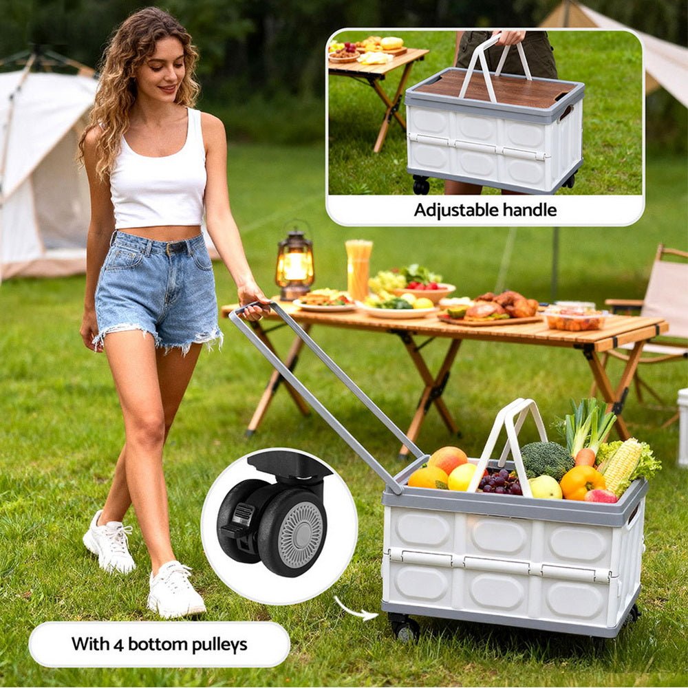 Collapsible Outdoor Storage Box 54L Stackable Folding Camping Organizer Wheels Plywood Lid Beige - Home & Garden > Storage > Storage Boxes - Rivercity House & Home Co. (ABN 18 642 972 209) - Affordable Modern Furniture Australia