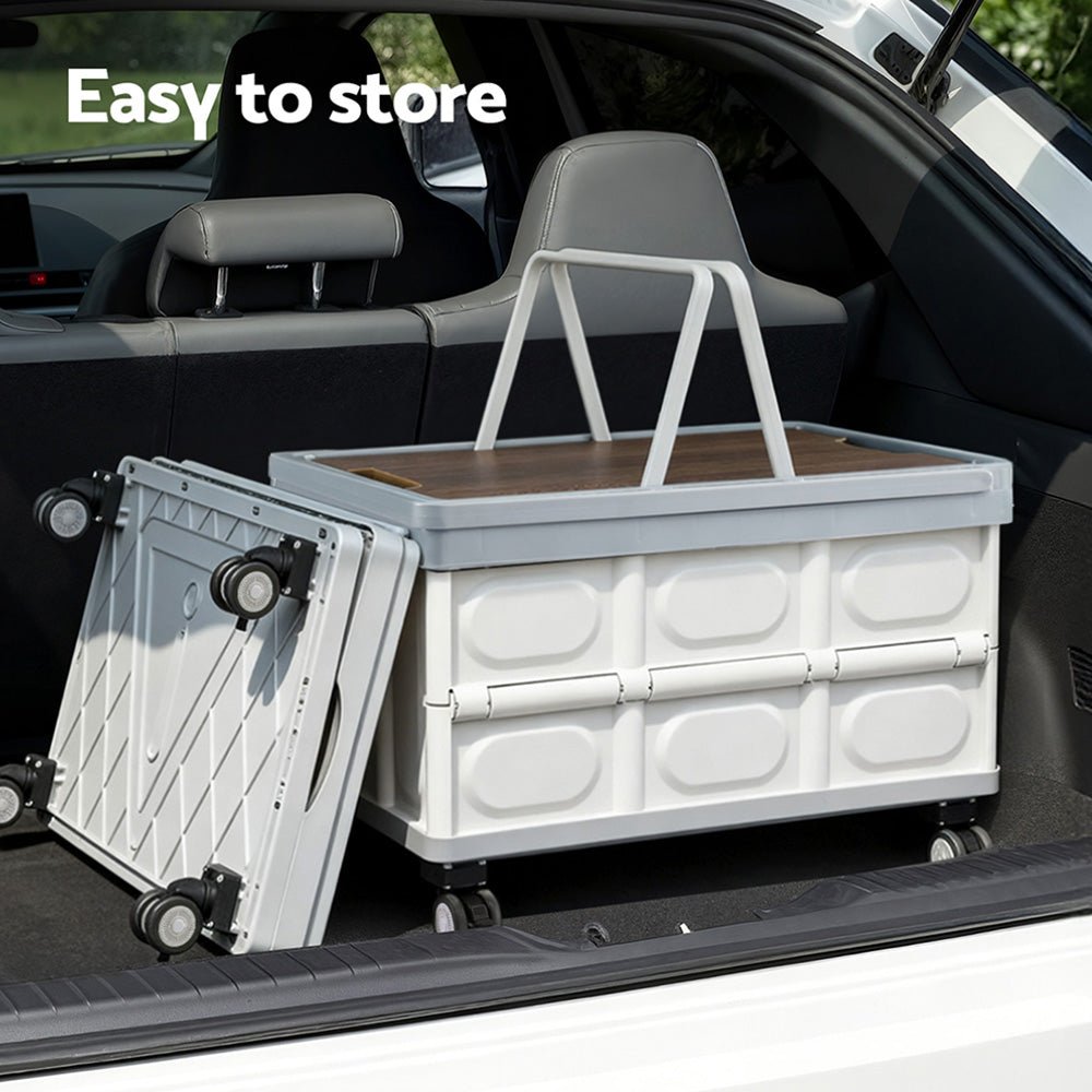 Collapsible Outdoor Storage Box 54L Stackable Folding Camping Organizer Wheels Plywood Lid Beige - Home & Garden > Storage > Storage Boxes - Rivercity House & Home Co. (ABN 18 642 972 209) - Affordable Modern Furniture Australia