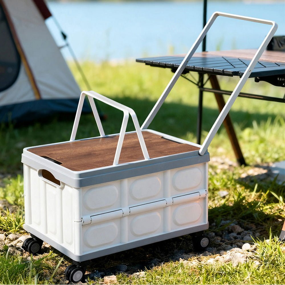 Collapsible Outdoor Storage Box 54L Stackable Folding Camping Organizer Wheels Plywood Lid Beige - Home & Garden > Storage > Storage Boxes - Rivercity House & Home Co. (ABN 18 642 972 209) - Affordable Modern Furniture Australia
