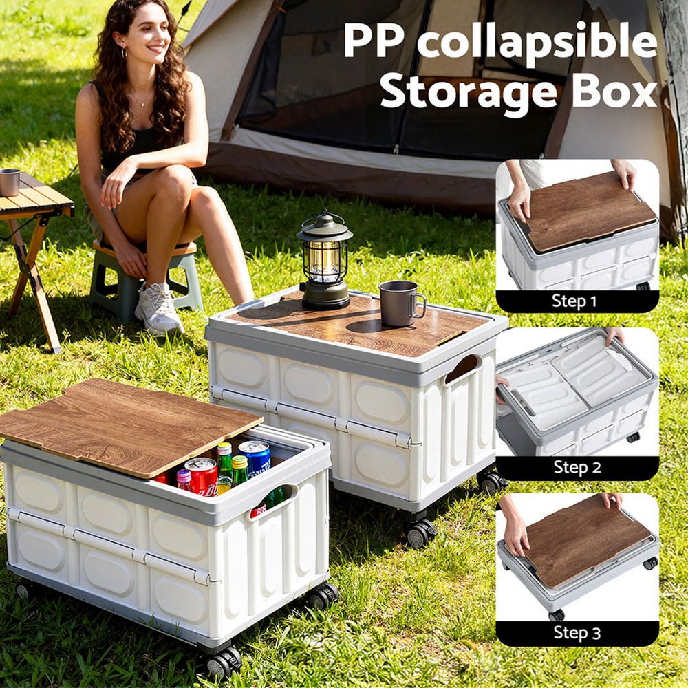 Collapsible Outdoor Storage Box 54L Stackable Folding Camping Organizer Wheels Plywood Lid Beige - Home & Garden > Storage > Storage Boxes - Rivercity House & Home Co. (ABN 18 642 972 209) - Affordable Modern Furniture Australia