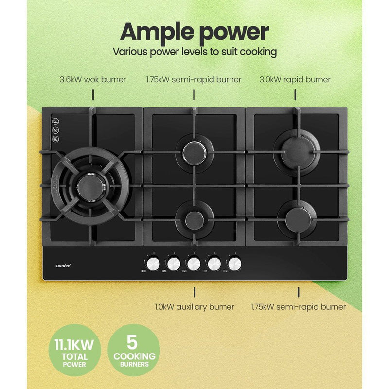 Comfee Gas Cooktop 5 Burner Kitchen Gas Hob Cook Top Trivets Stove Black NG LPG - Rivercity House & Home Co. (ABN 18 642 972 209) - Affordable Modern Furniture Australia