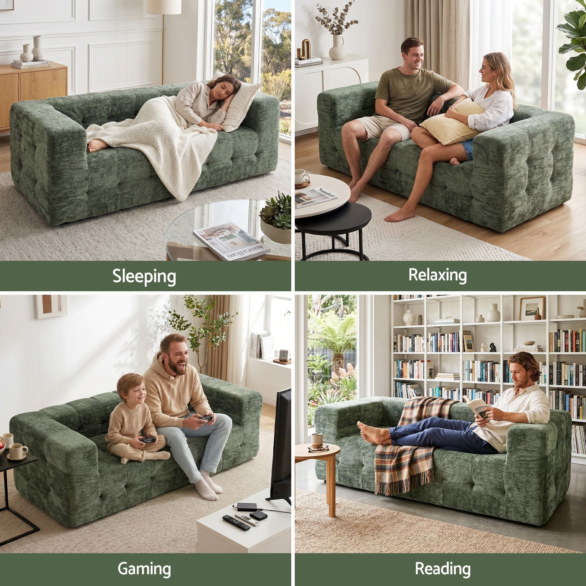 Comfort Boneless Sofa for Living Room Green Luxury Chenille - Furniture > Sofas > Sofas & Sofa Beds - Rivercity House & Home Co. (ABN 18 642 972 209) - Affordable Modern Furniture Australia