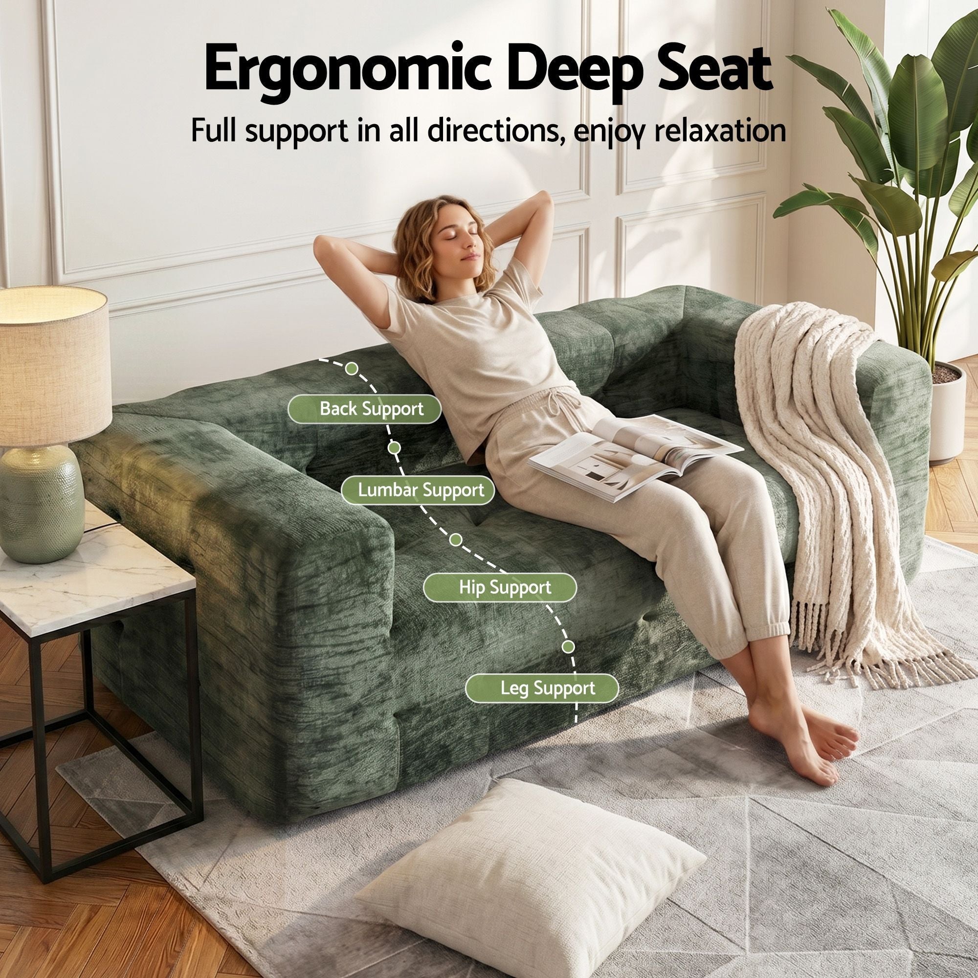 Comfort Boneless Sofa for Living Room Green Luxury Chenille - Furniture > Sofas > Sofas & Sofa Beds - Rivercity House & Home Co. (ABN 18 642 972 209) - Affordable Modern Furniture Australia