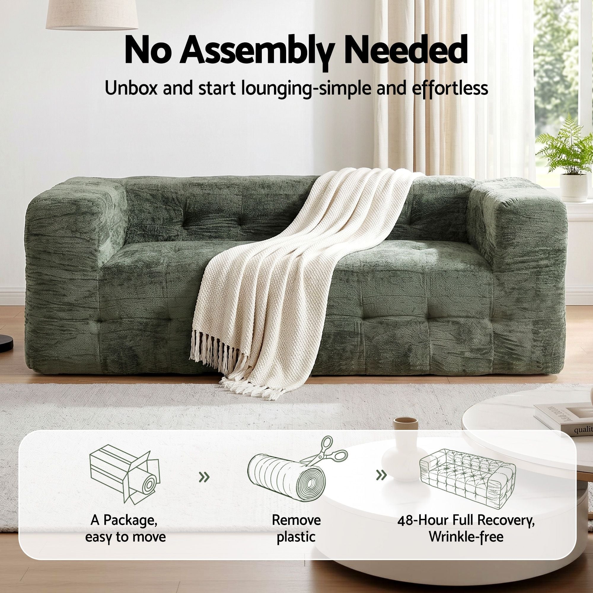 Comfort Boneless Sofa for Living Room Green Luxury Chenille - Furniture > Sofas > Sofas & Sofa Beds - Rivercity House & Home Co. (ABN 18 642 972 209) - Affordable Modern Furniture Australia