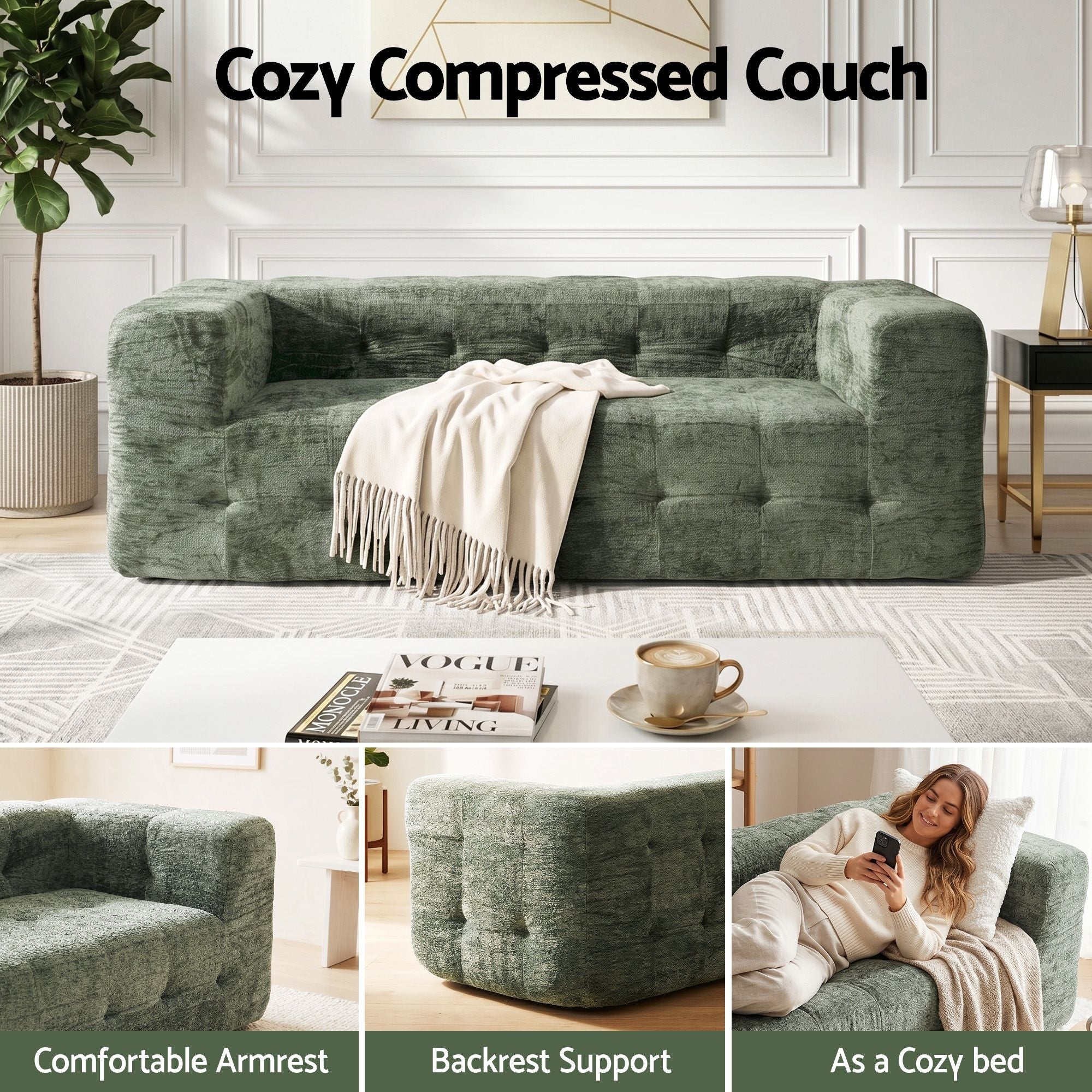 Comfort Boneless Sofa for Living Room Green Luxury Chenille - Furniture > Sofas > Sofas & Sofa Beds - Rivercity House & Home Co. (ABN 18 642 972 209) - Affordable Modern Furniture Australia