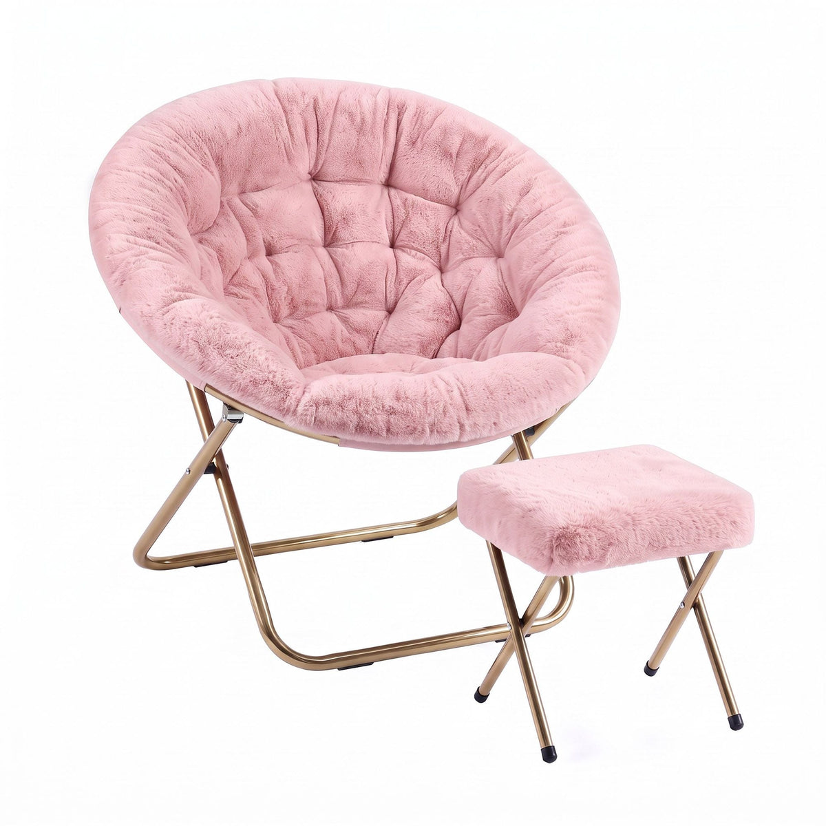 Comfy Foldable Faux Fur Saucer Chair with Ottoman - Pink - Furniture > Bar Stools & Chairs > Arm Chairs & Recliners - Rivercity House & Home Co. (ABN 18 642 972 209) - Affordable Modern Furniture Australia