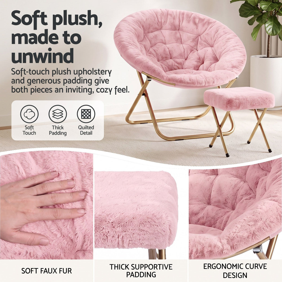 Comfy Foldable Faux Fur Saucer Chair with Ottoman - Pink - Furniture > Bar Stools & Chairs > Arm Chairs & Recliners - Rivercity House & Home Co. (ABN 18 642 972 209) - Affordable Modern Furniture Australia