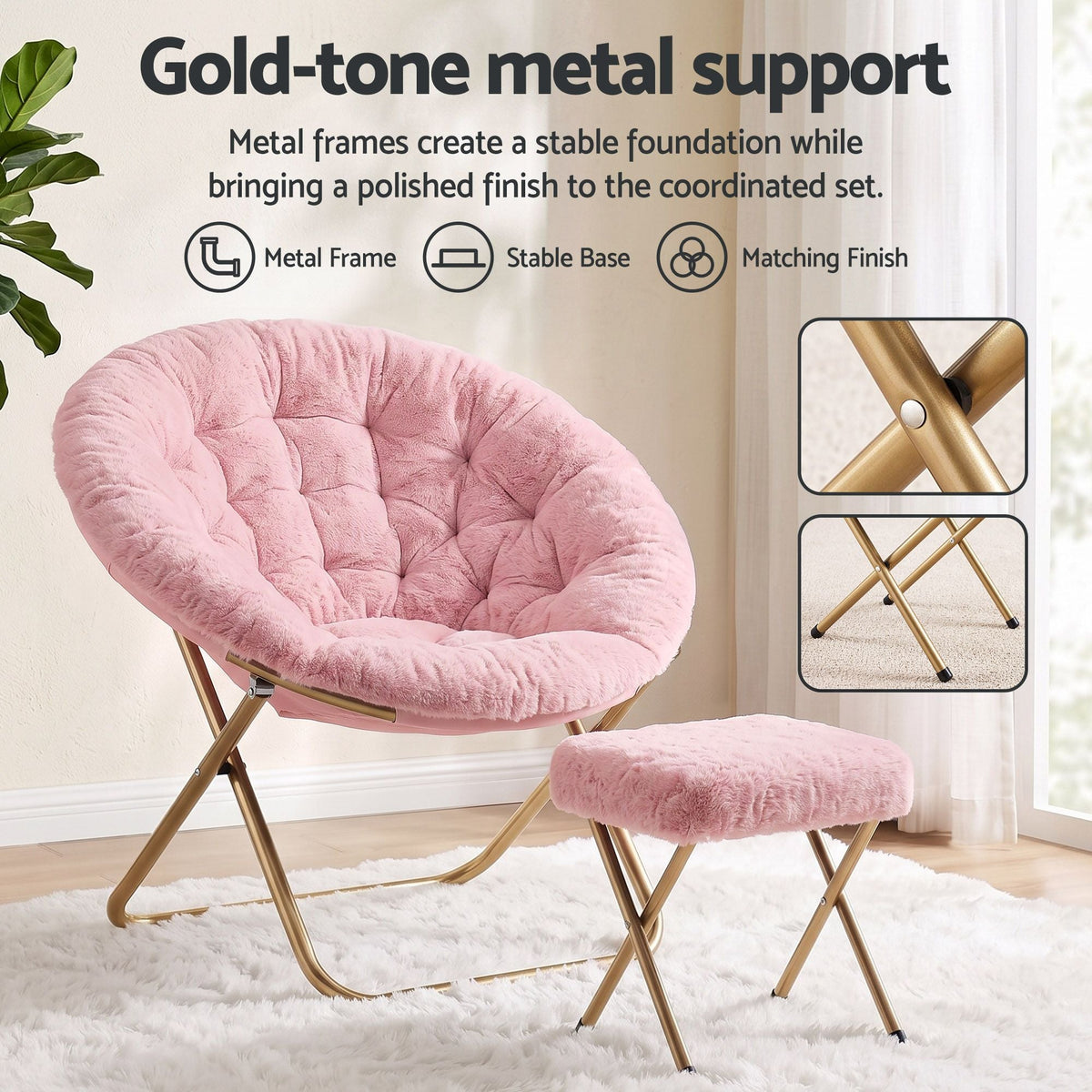Comfy Foldable Faux Fur Saucer Chair with Ottoman - Pink - Furniture > Bar Stools & Chairs > Arm Chairs & Recliners - Rivercity House & Home Co. (ABN 18 642 972 209) - Affordable Modern Furniture Australia