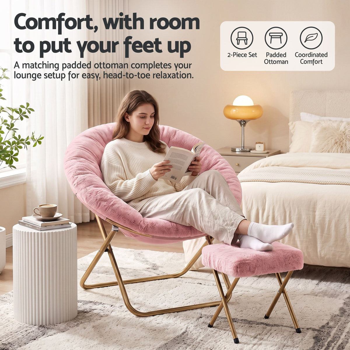 Comfy Foldable Faux Fur Saucer Chair with Ottoman - Pink - Furniture > Bar Stools & Chairs > Arm Chairs & Recliners - Rivercity House & Home Co. (ABN 18 642 972 209) - Affordable Modern Furniture Australia