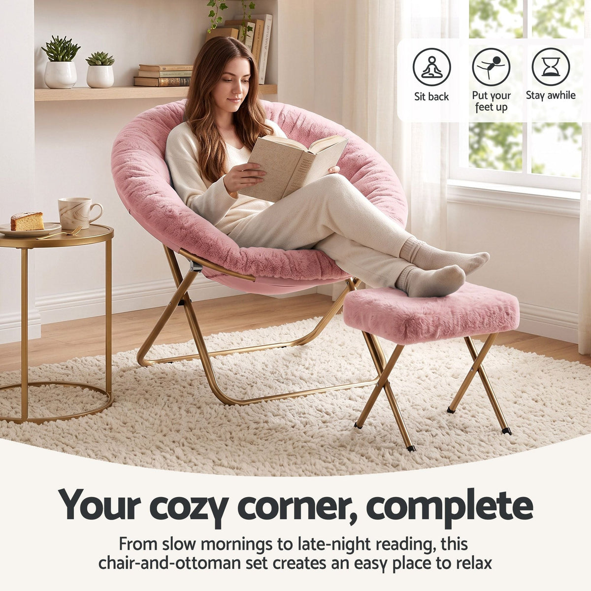 Comfy Foldable Faux Fur Saucer Chair with Ottoman - Pink - Furniture > Bar Stools & Chairs > Arm Chairs & Recliners - Rivercity House & Home Co. (ABN 18 642 972 209) - Affordable Modern Furniture Australia
