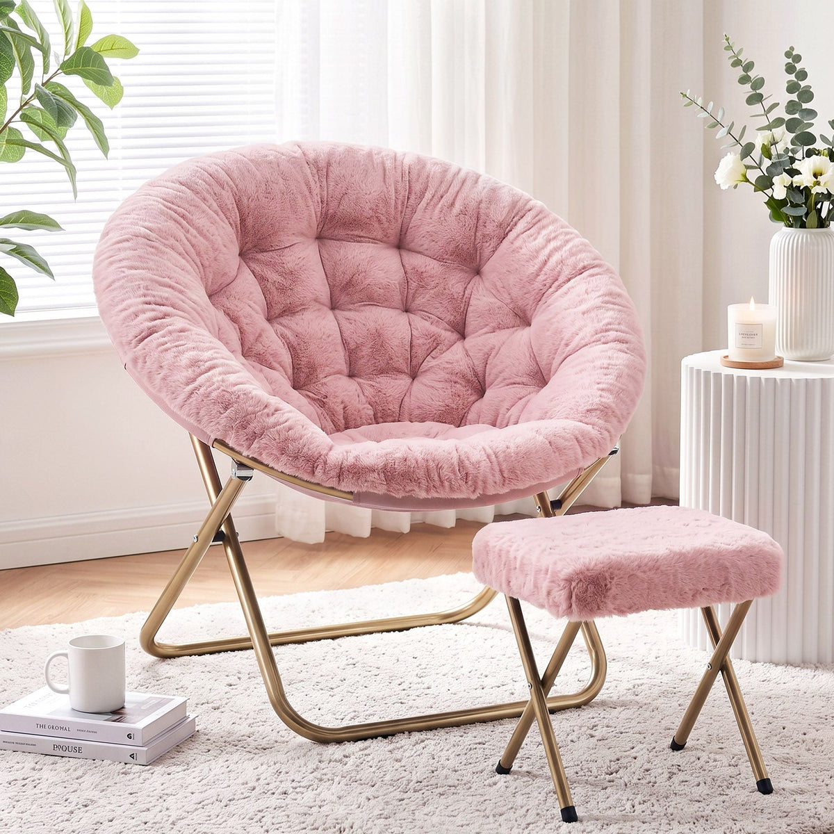 Comfy Foldable Faux Fur Saucer Chair with Ottoman - Pink - Furniture > Bar Stools & Chairs > Arm Chairs & Recliners - Rivercity House & Home Co. (ABN 18 642 972 209) - Affordable Modern Furniture Australia