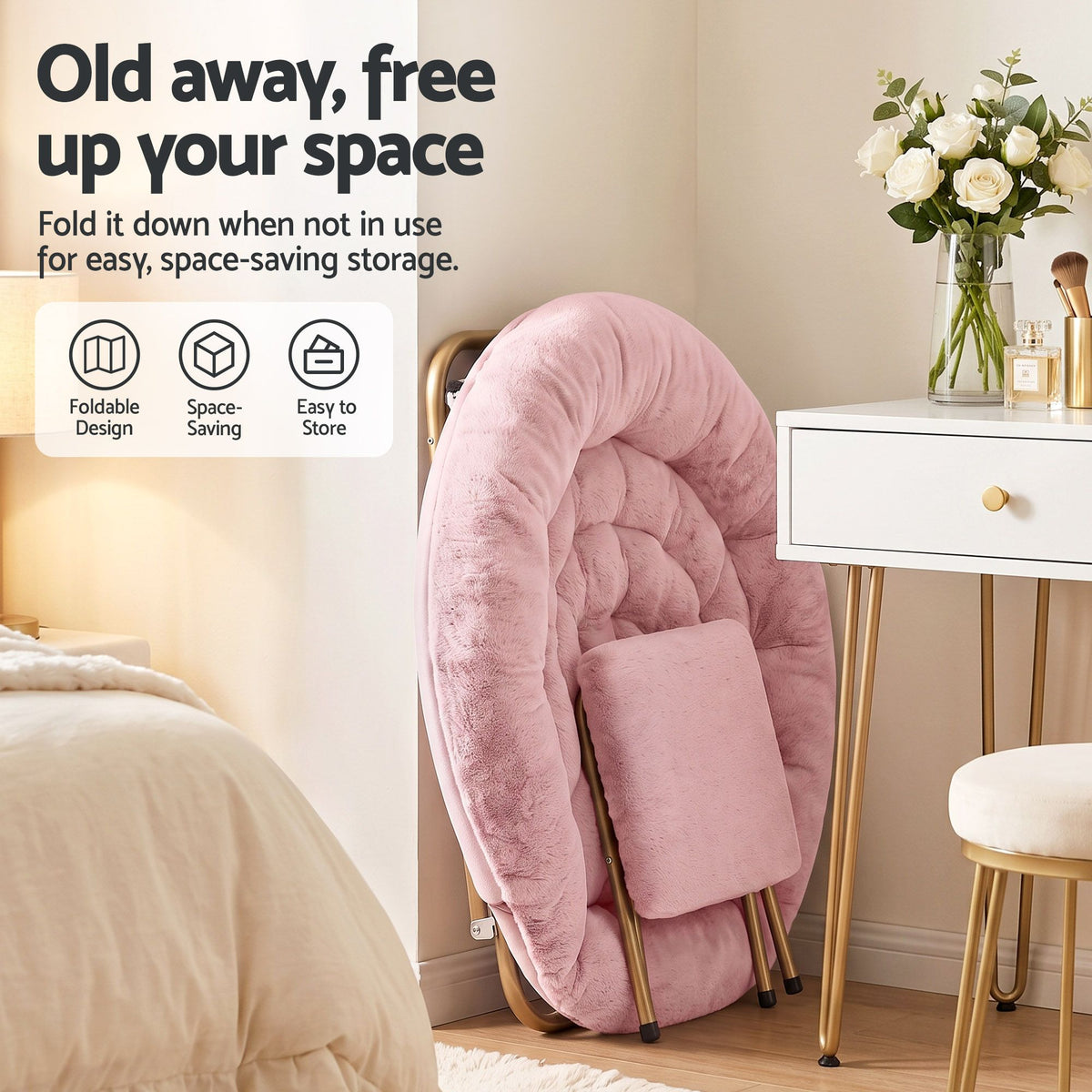Comfy Foldable Faux Fur Saucer Chair with Ottoman - Pink - Furniture > Bar Stools & Chairs > Arm Chairs & Recliners - Rivercity House & Home Co. (ABN 18 642 972 209) - Affordable Modern Furniture Australia