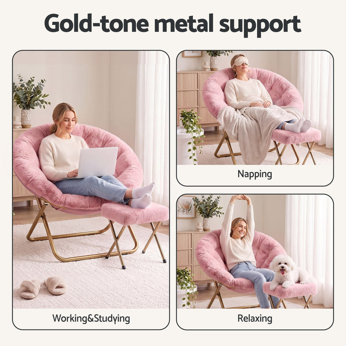 Comfy Foldable Faux Fur Saucer Chair with Ottoman - Pink - Furniture > Bar Stools & Chairs > Arm Chairs & Recliners - Rivercity House & Home Co. (ABN 18 642 972 209) - Affordable Modern Furniture Australia