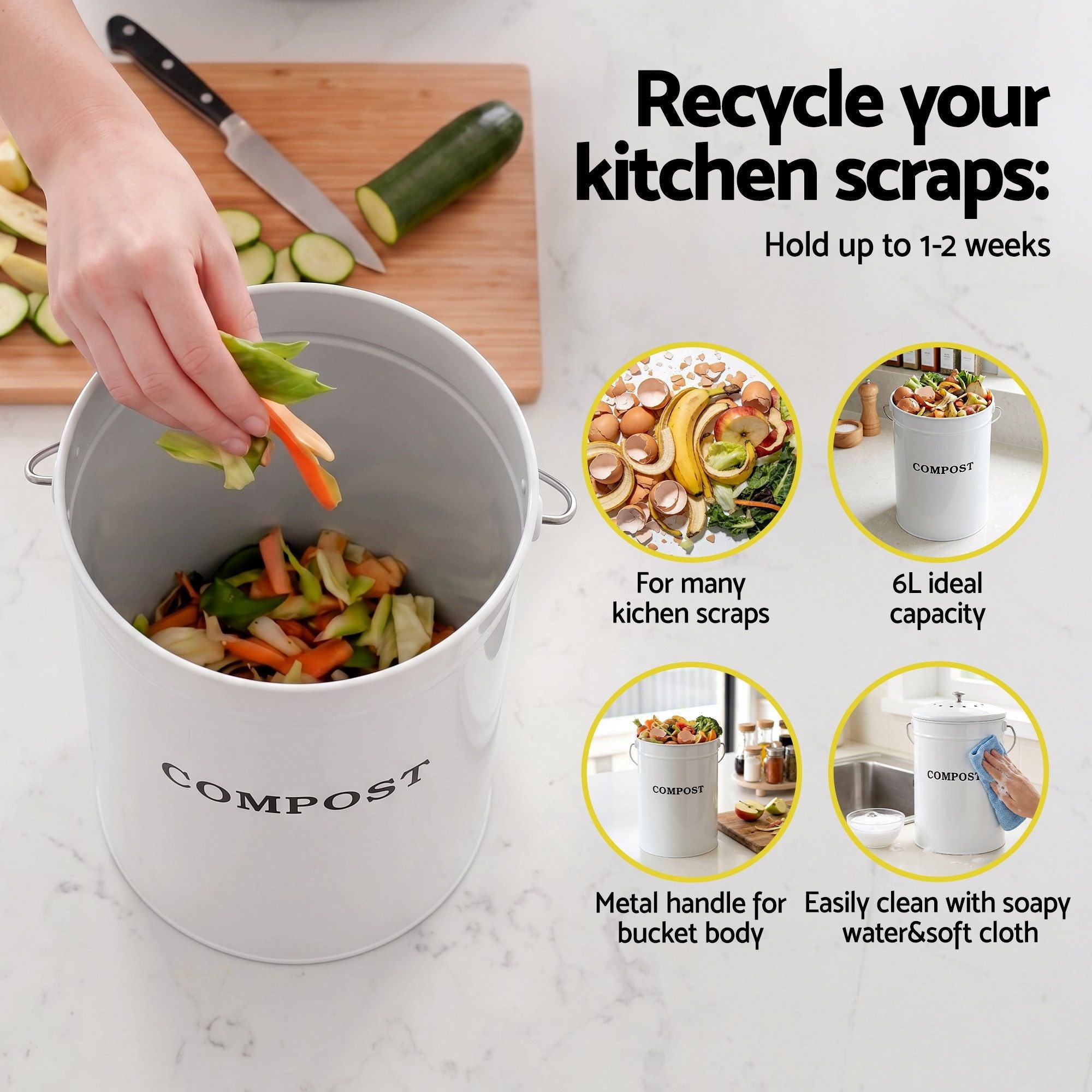 Compost Bin Kitchen Compost Caddy Food Waste Bin Bench White - Home & Garden > Garden Tools > Gardening Accessories - Rivercity House & Home Co. (ABN 18 642 972 209) - Affordable Modern Furniture Australia