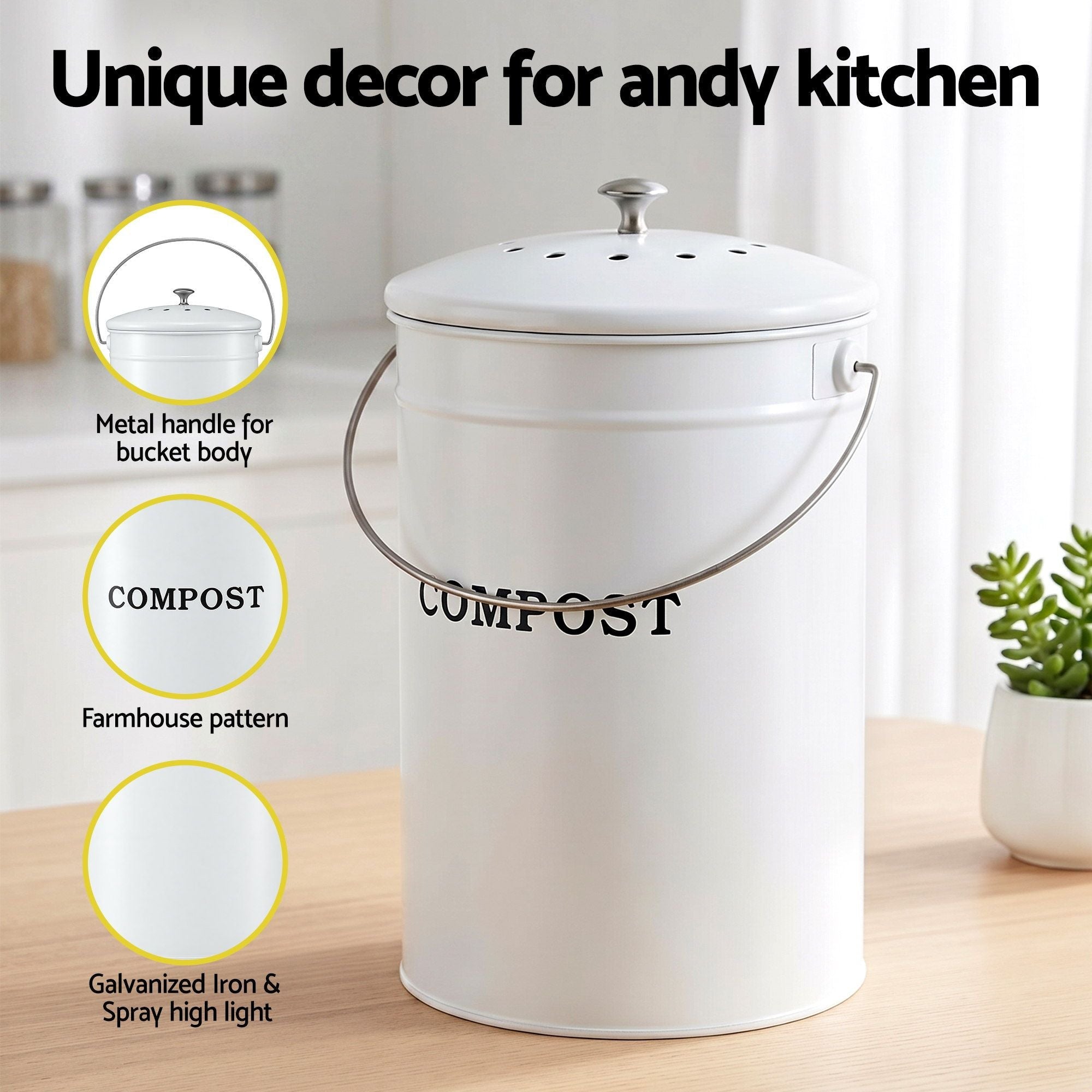 Compost Bin Kitchen Compost Caddy Food Waste Bin Bench White - Home & Garden > Garden Tools > Gardening Accessories - Rivercity House & Home Co. (ABN 18 642 972 209) - Affordable Modern Furniture Australia