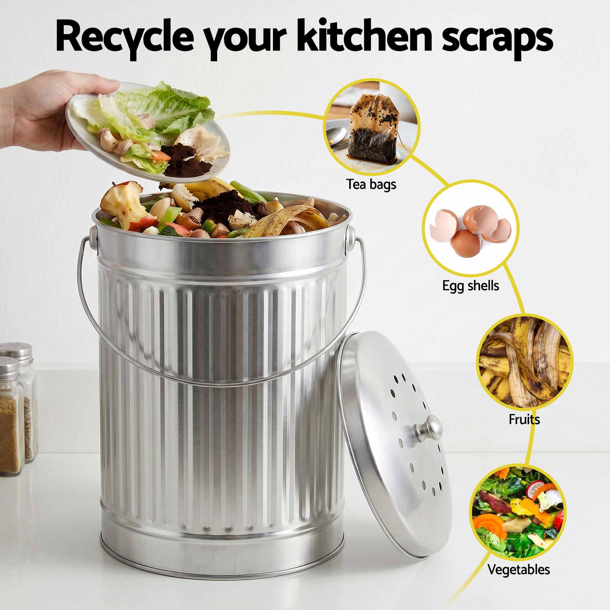 Compost Bin Kitchen Countertop Food Waste Caddy 6L Silver - Home & Garden > Garden Tools > Gardening Accessories - Rivercity House & Home Co. (ABN 18 642 972 209) - Affordable Modern Furniture Australia