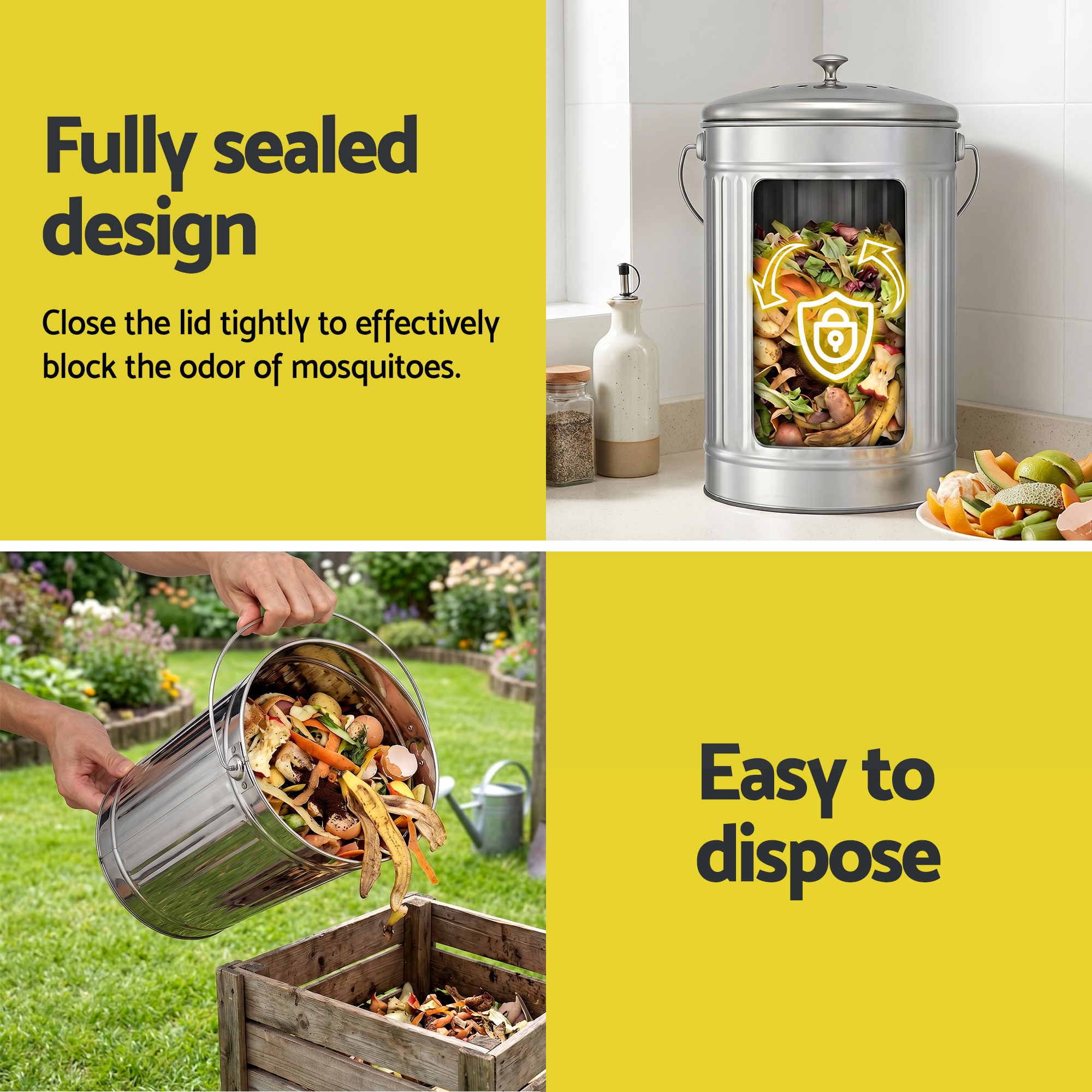 Compost Bin Kitchen Countertop Food Waste Caddy 6L Silver - Home & Garden > Garden Tools > Gardening Accessories - Rivercity House & Home Co. (ABN 18 642 972 209) - Affordable Modern Furniture Australia