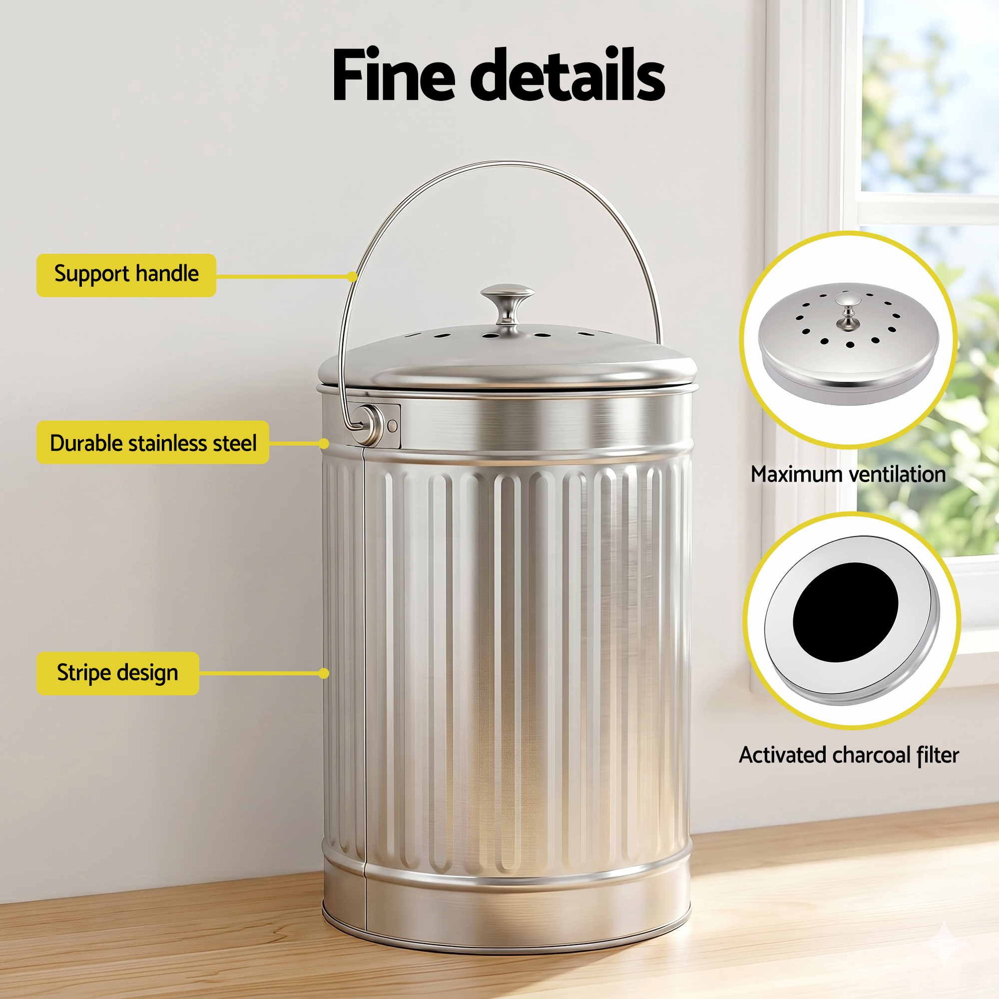 Compost Bin Kitchen Countertop Food Waste Caddy 6L Silver - Home & Garden > Garden Tools > Gardening Accessories - Rivercity House & Home Co. (ABN 18 642 972 209) - Affordable Modern Furniture Australia