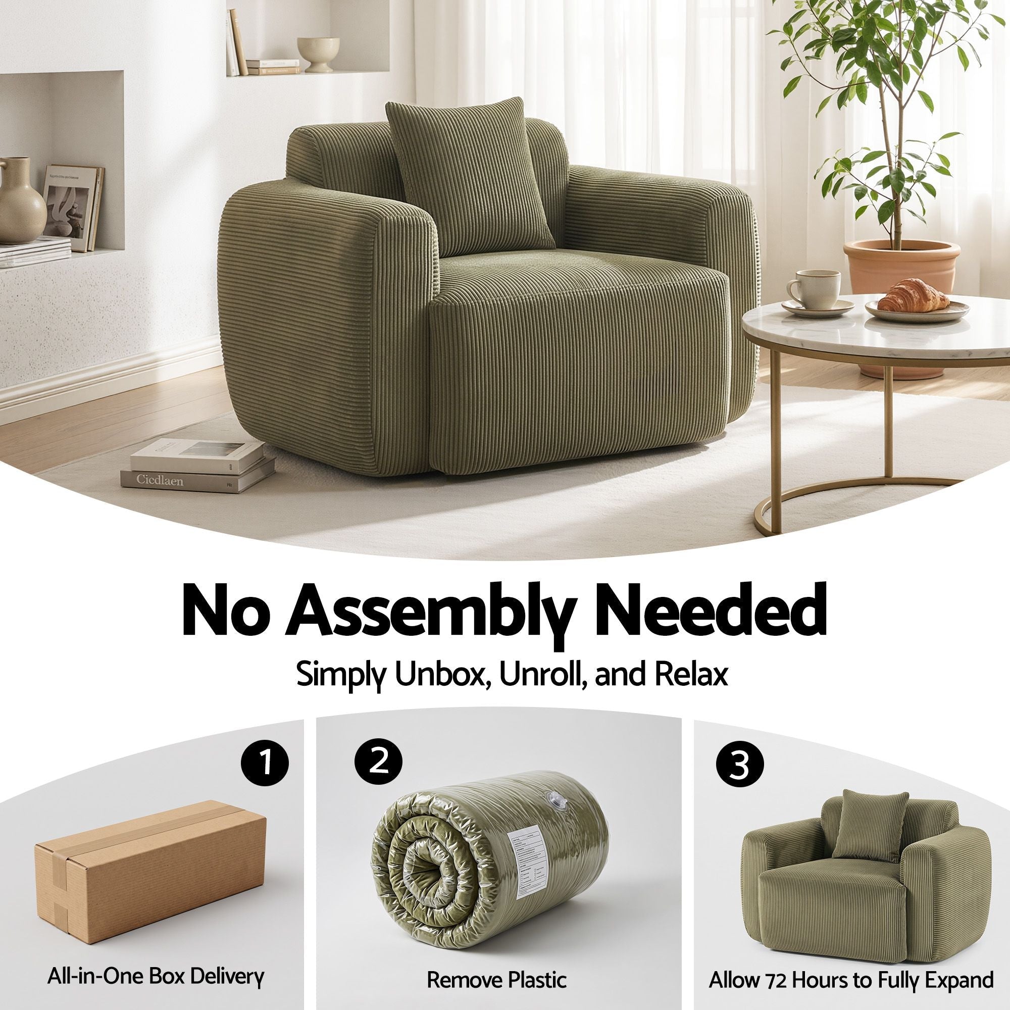 Compressed Armchair Sofa with Cushion Corduroy No Assembly - Green - Furniture > Bar Stools & Chairs > Arm Chairs & Recliners - Rivercity House & Home Co. (ABN 18 642 972 209) - Affordable Modern Furniture Australia