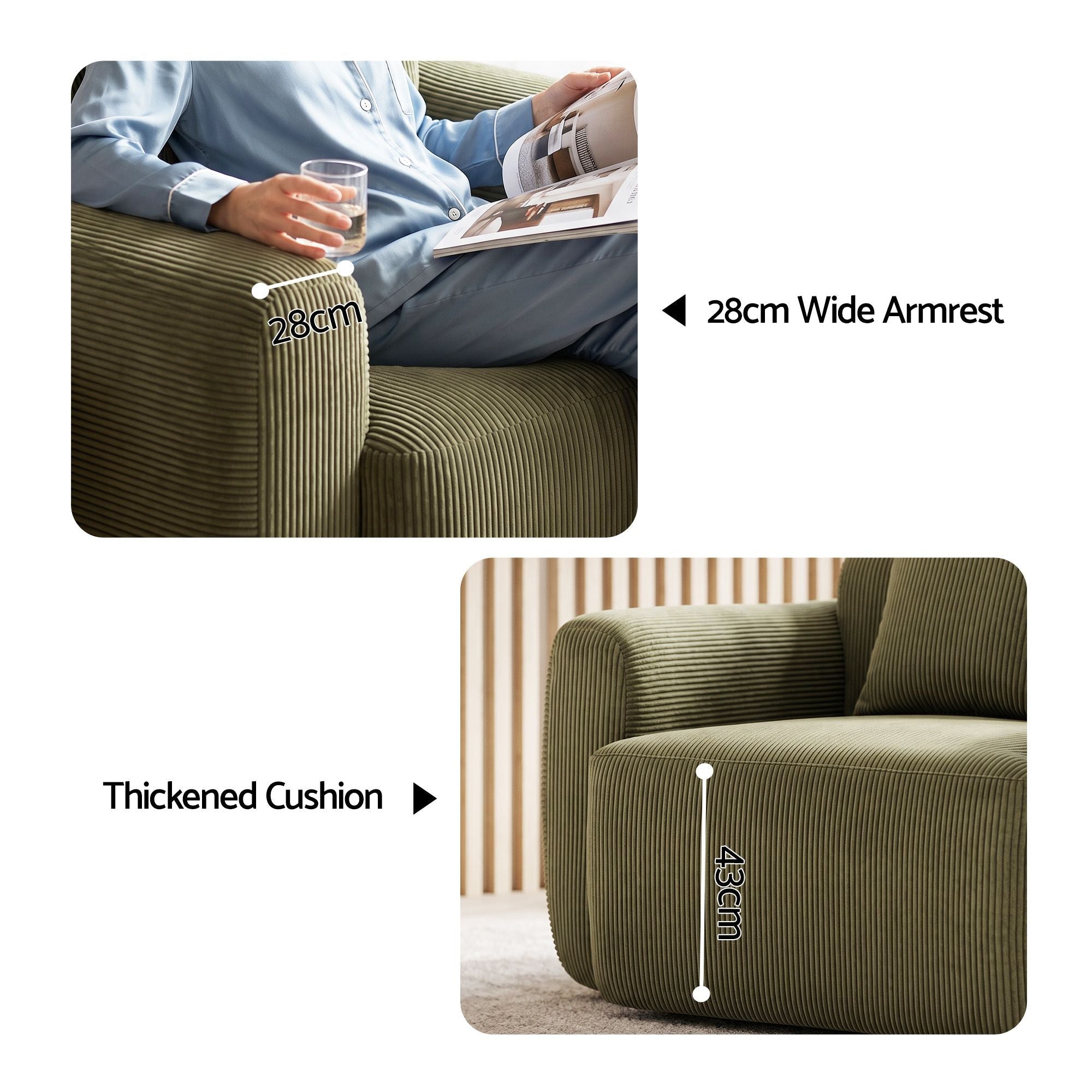 Compressed Armchair Sofa with Cushion Corduroy No Assembly - Green - Furniture > Bar Stools & Chairs > Arm Chairs & Recliners - Rivercity House & Home Co. (ABN 18 642 972 209) - Affordable Modern Furniture Australia
