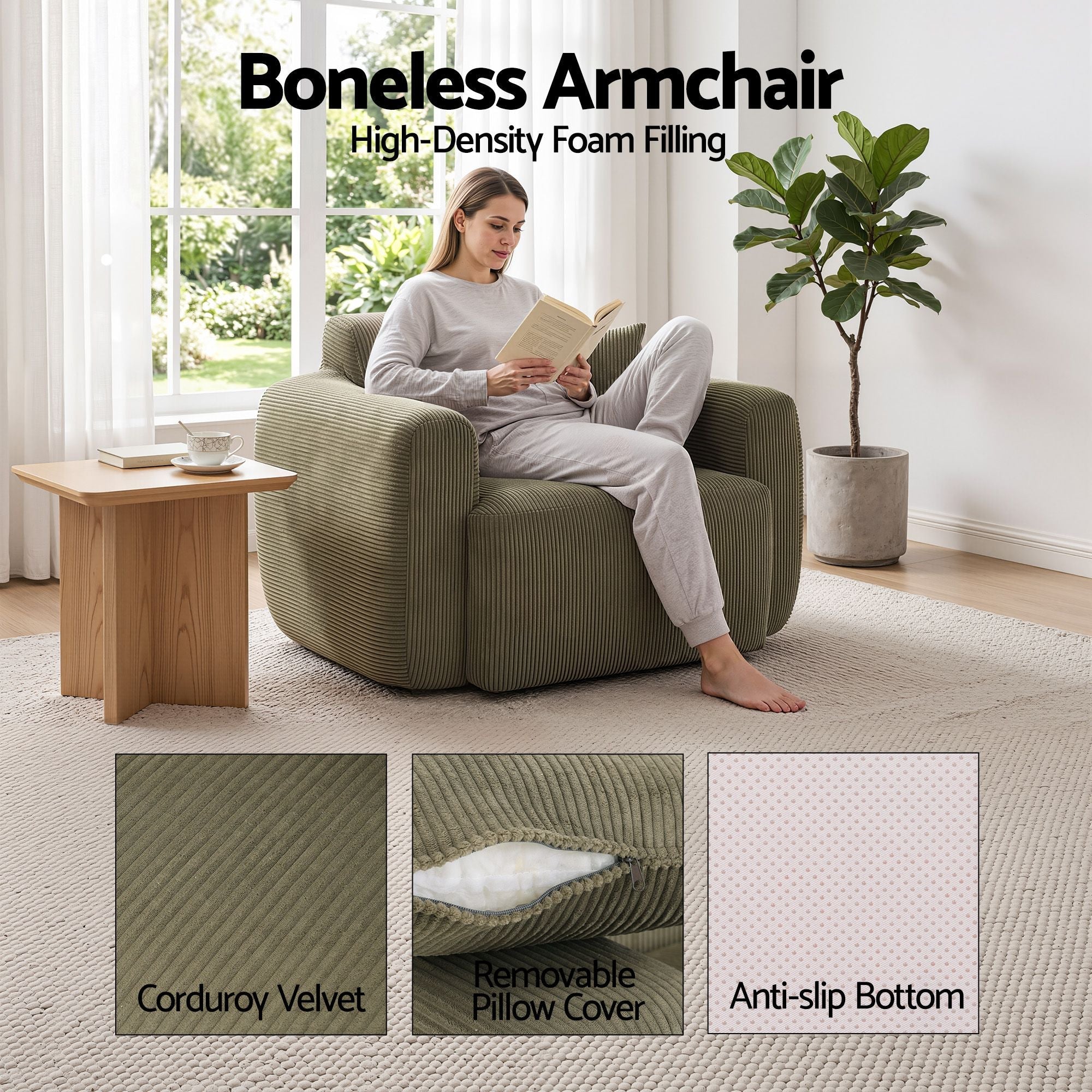 Compressed Armchair Sofa with Cushion Corduroy No Assembly - Green - Furniture > Bar Stools & Chairs > Arm Chairs & Recliners - Rivercity House & Home Co. (ABN 18 642 972 209) - Affordable Modern Furniture Australia