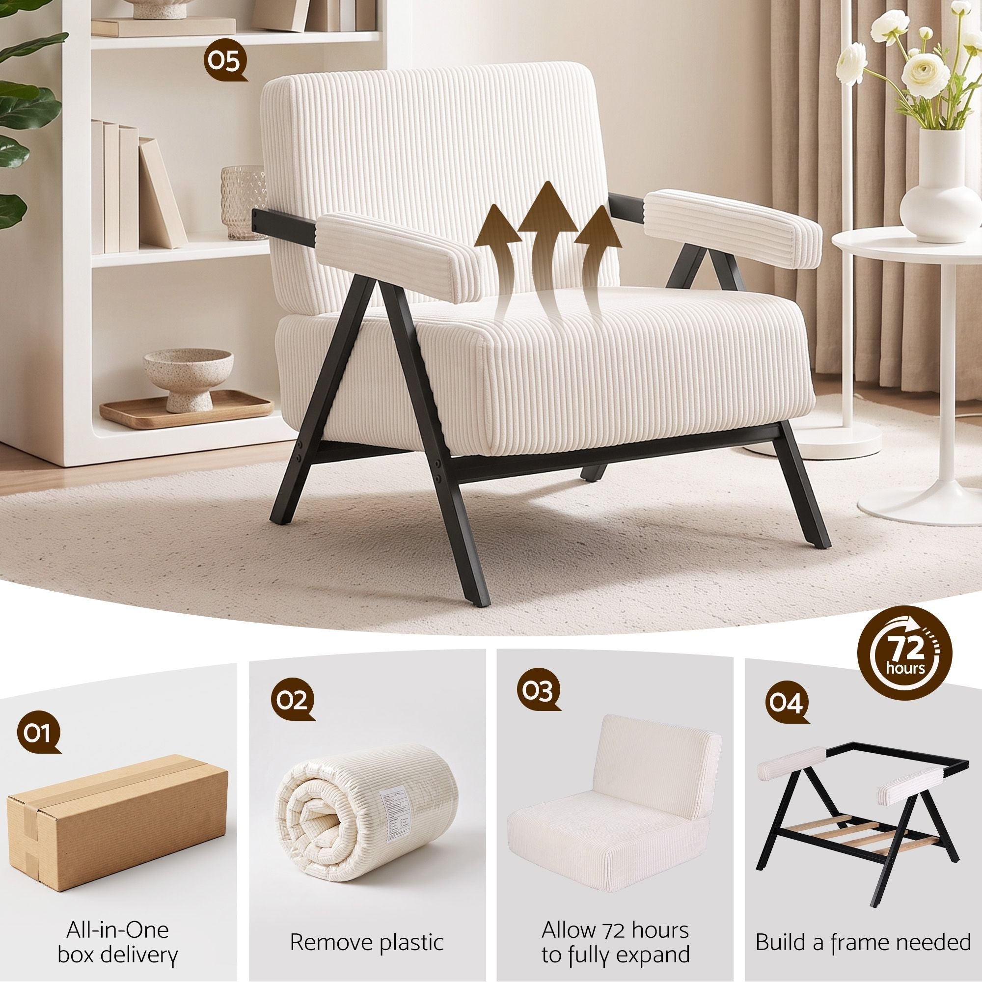 Compressed Armchair White Corduroy Accent Chair for Small Space - Furniture > Bar Stools & Chairs > Arm Chairs & Recliners - Rivercity House & Home Co. (ABN 18 642 972 209) - Affordable Modern Furniture Australia