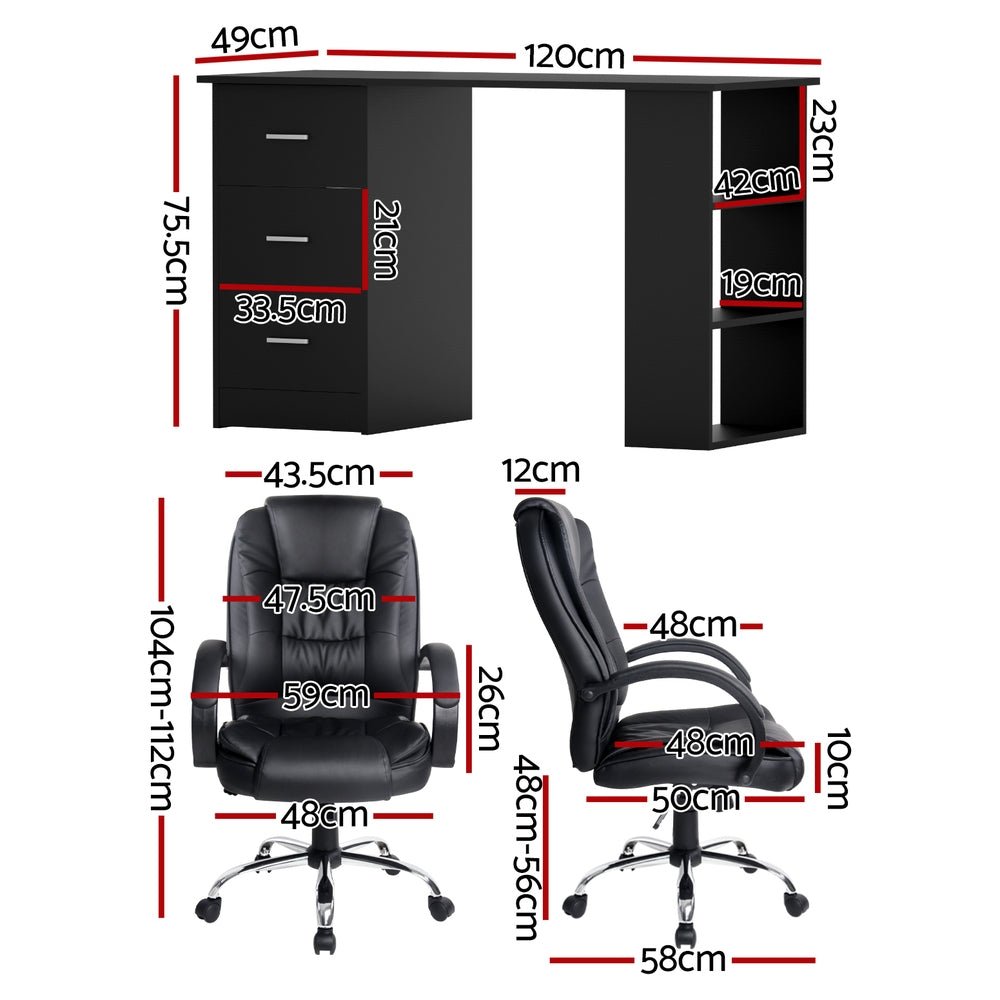 Computer Desk 120cm Executive Office Chair Set PU Leather High Back Black - Furniture > Office > Desks - Rivercity House & Home Co. (ABN 18 642 972 209) - Affordable Modern Furniture Australia