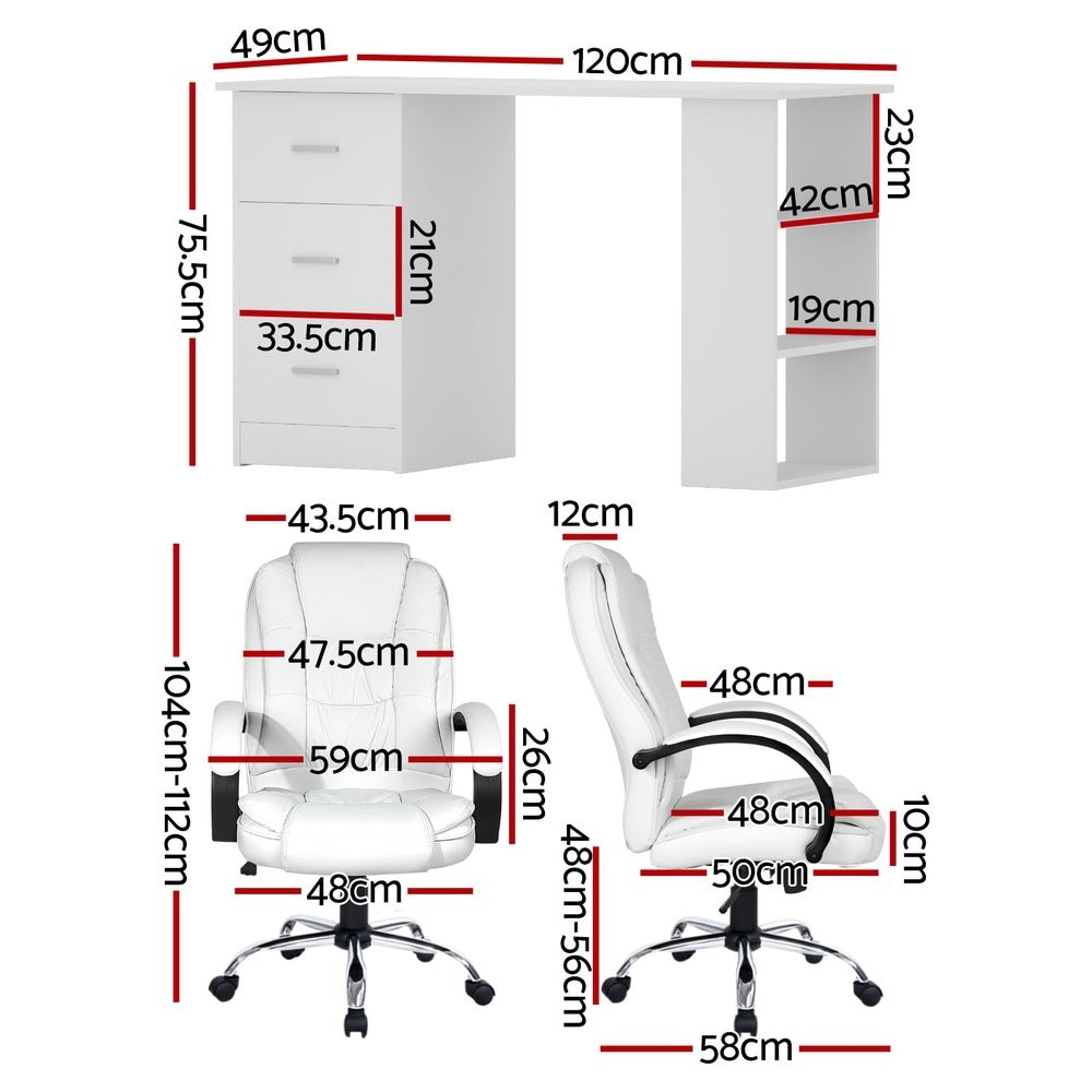 Computer Desk 120cm Executive Office Chair Set PU Leather High Back White - Furniture > Office > Desks - Rivercity House & Home Co. (ABN 18 642 972 209) - Affordable Modern Furniture Australia