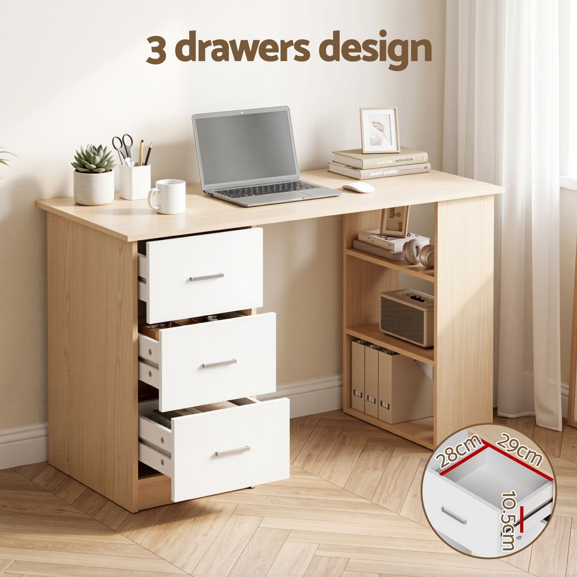 Computer Desk 120cm with Drawer and Shelf Storage - Oak White - Furniture > Office > Desks - Rivercity House & Home Co. (ABN 18 642 972 209) - Affordable Modern Furniture Australia