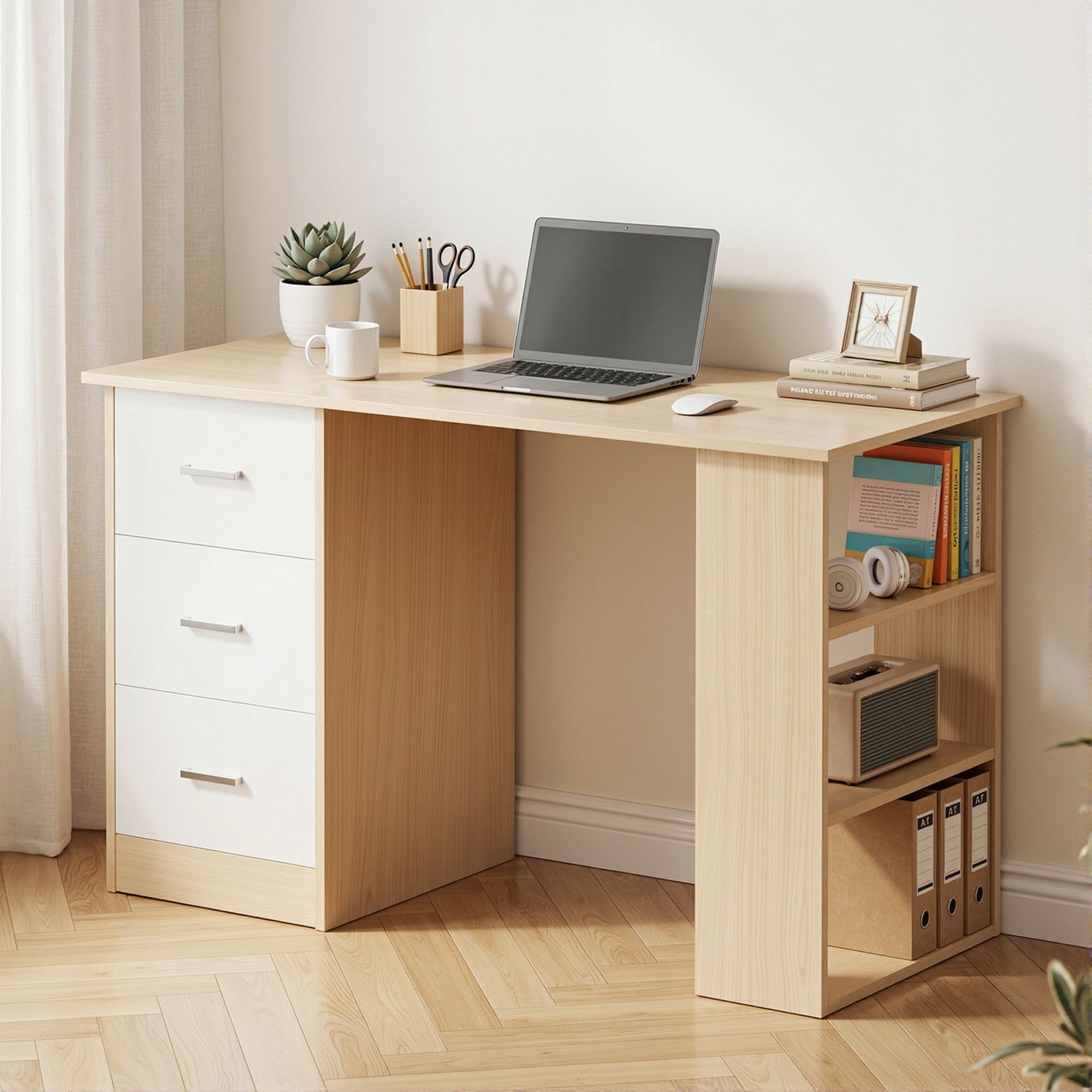 Computer Desk 120cm with Drawer and Shelf Storage - Oak White - Furniture > Office > Desks - Rivercity House & Home Co. (ABN 18 642 972 209) - Affordable Modern Furniture Australia