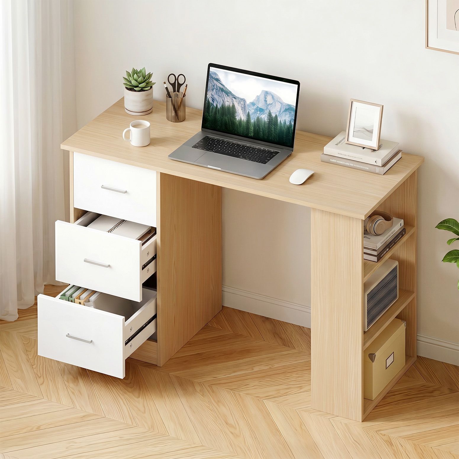 Computer Desk 120cm with Drawer and Shelf Storage - Oak White - Furniture > Office > Desks - Rivercity House & Home Co. (ABN 18 642 972 209) - Affordable Modern Furniture Australia