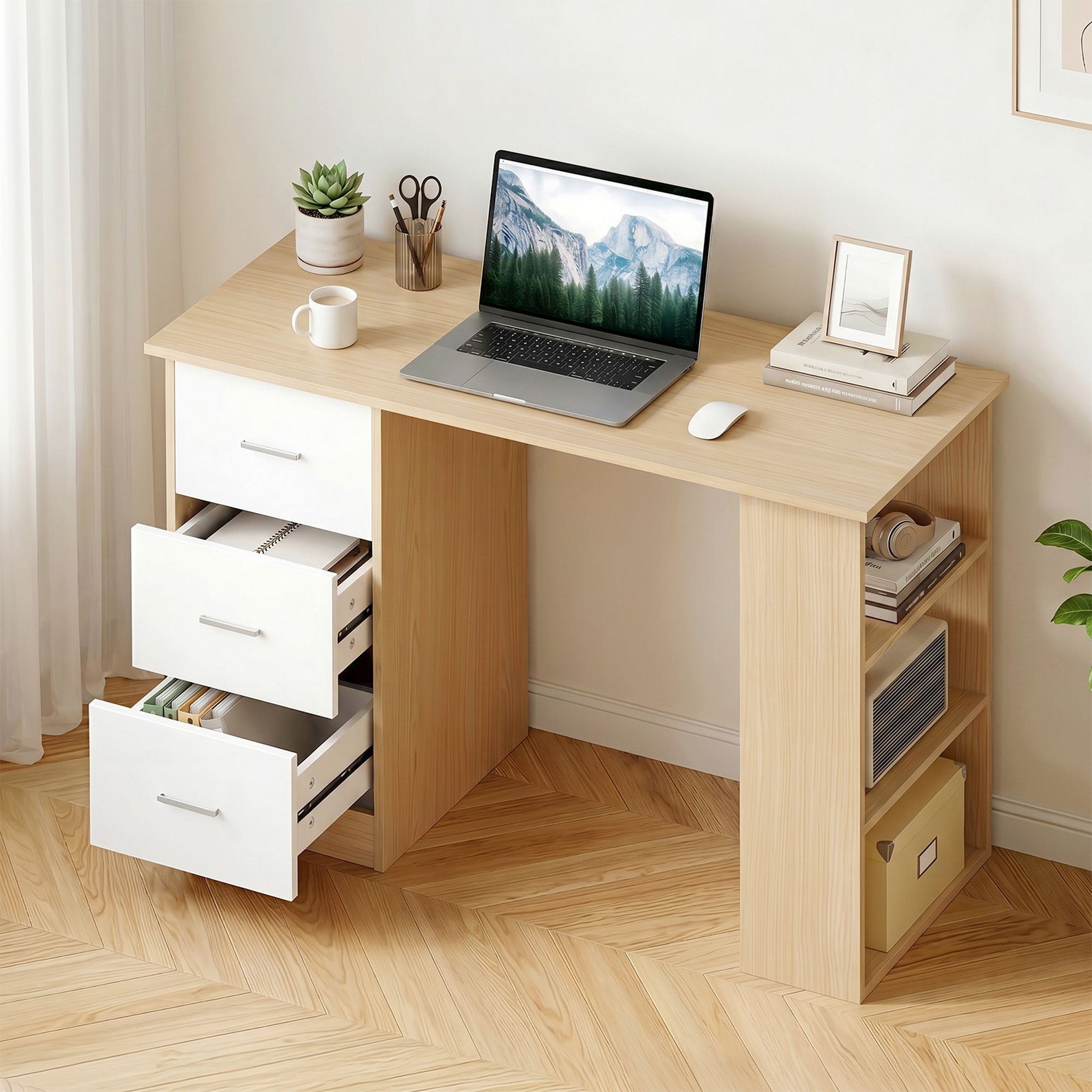 Computer Desk 120cm with Drawer and Shelf Storage - Oak White - Furniture > Office > Desks - Rivercity House & Home Co. (ABN 18 642 972 209) - Affordable Modern Furniture Australia