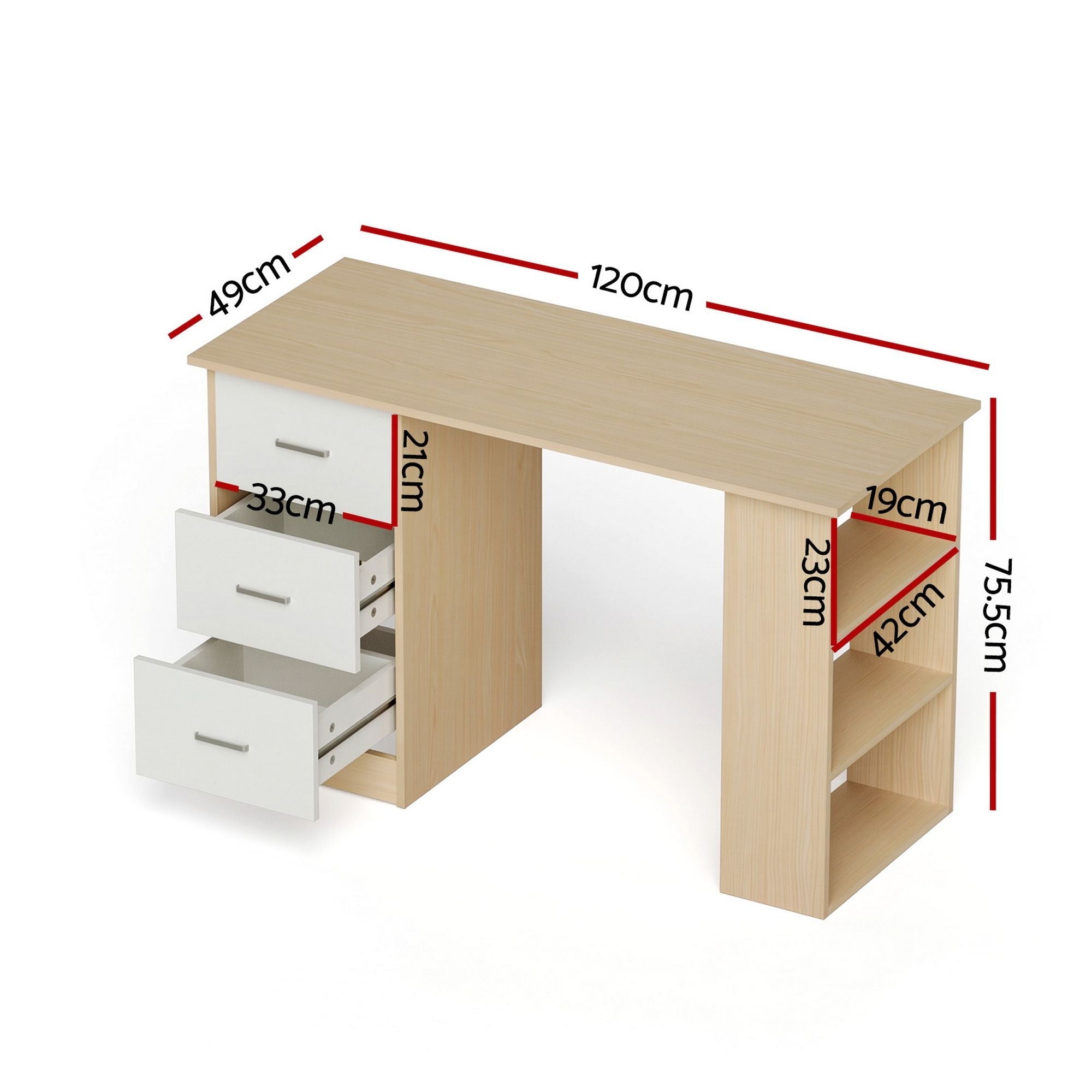 Computer Desk 120cm with Drawer and Shelf Storage - Oak White - Furniture > Office > Desks - Rivercity House & Home Co. (ABN 18 642 972 209) - Affordable Modern Furniture Australia