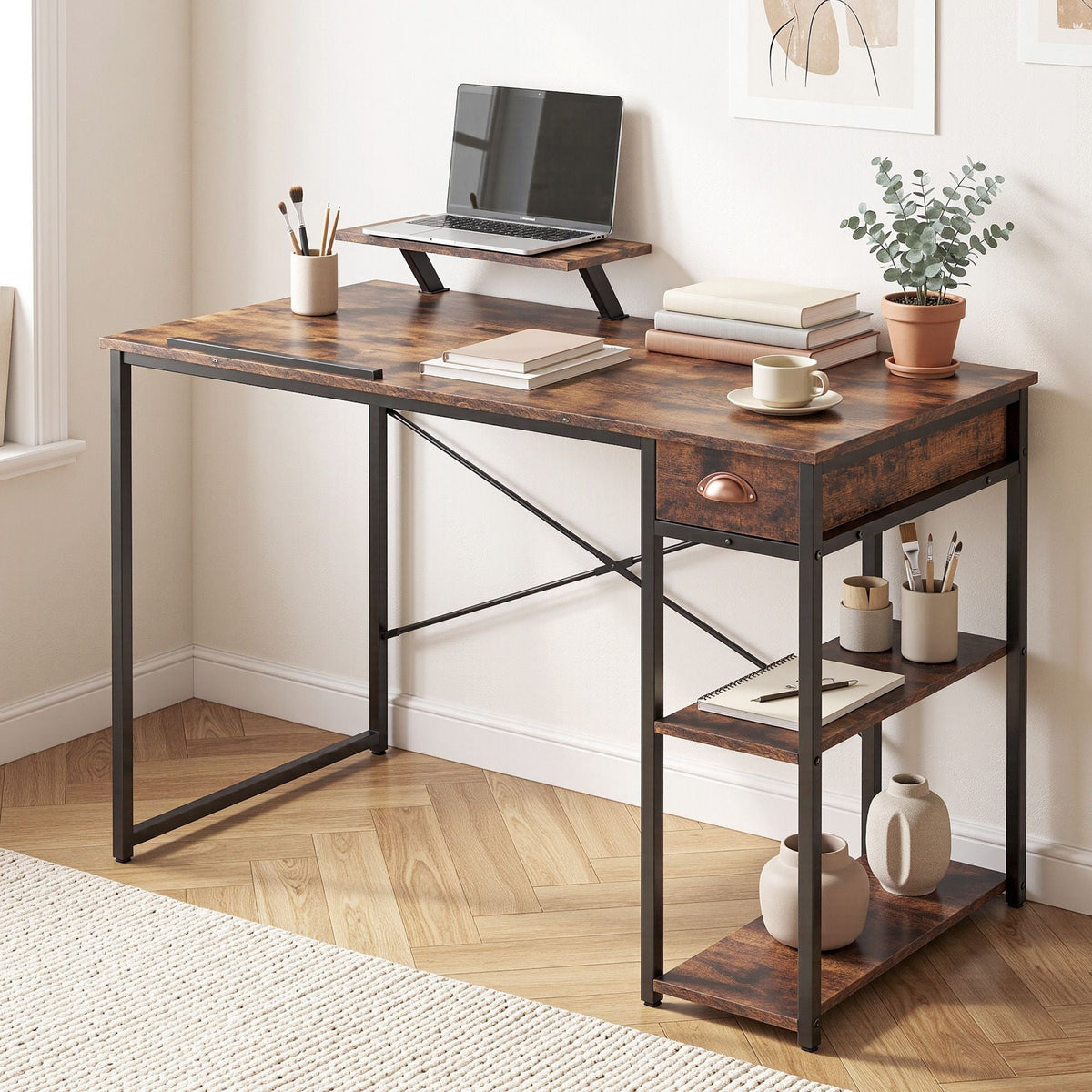 Computer Desk Drafting Table with Tiltable Top and Drawer 108cm - Rustic Brown - Furniture > Office > Desks - Rivercity House & Home Co. (ABN 18 642 972 209) - Affordable Modern Furniture Australia