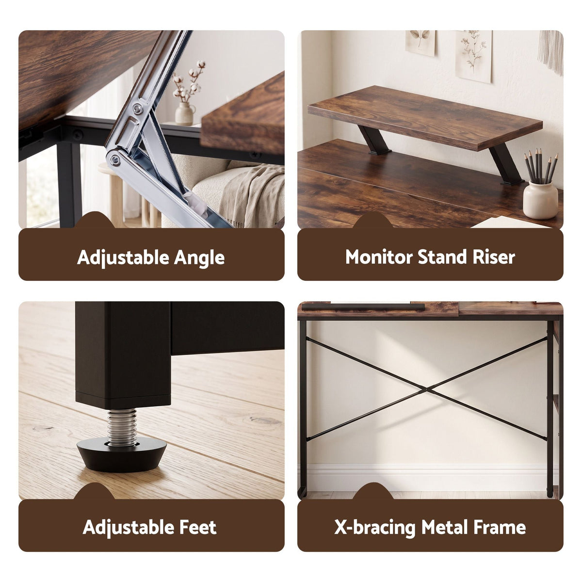 Computer Desk Drafting Table with Tiltable Top and Drawer 108cm - Rustic Brown - Furniture > Office > Desks - Rivercity House & Home Co. (ABN 18 642 972 209) - Affordable Modern Furniture Australia
