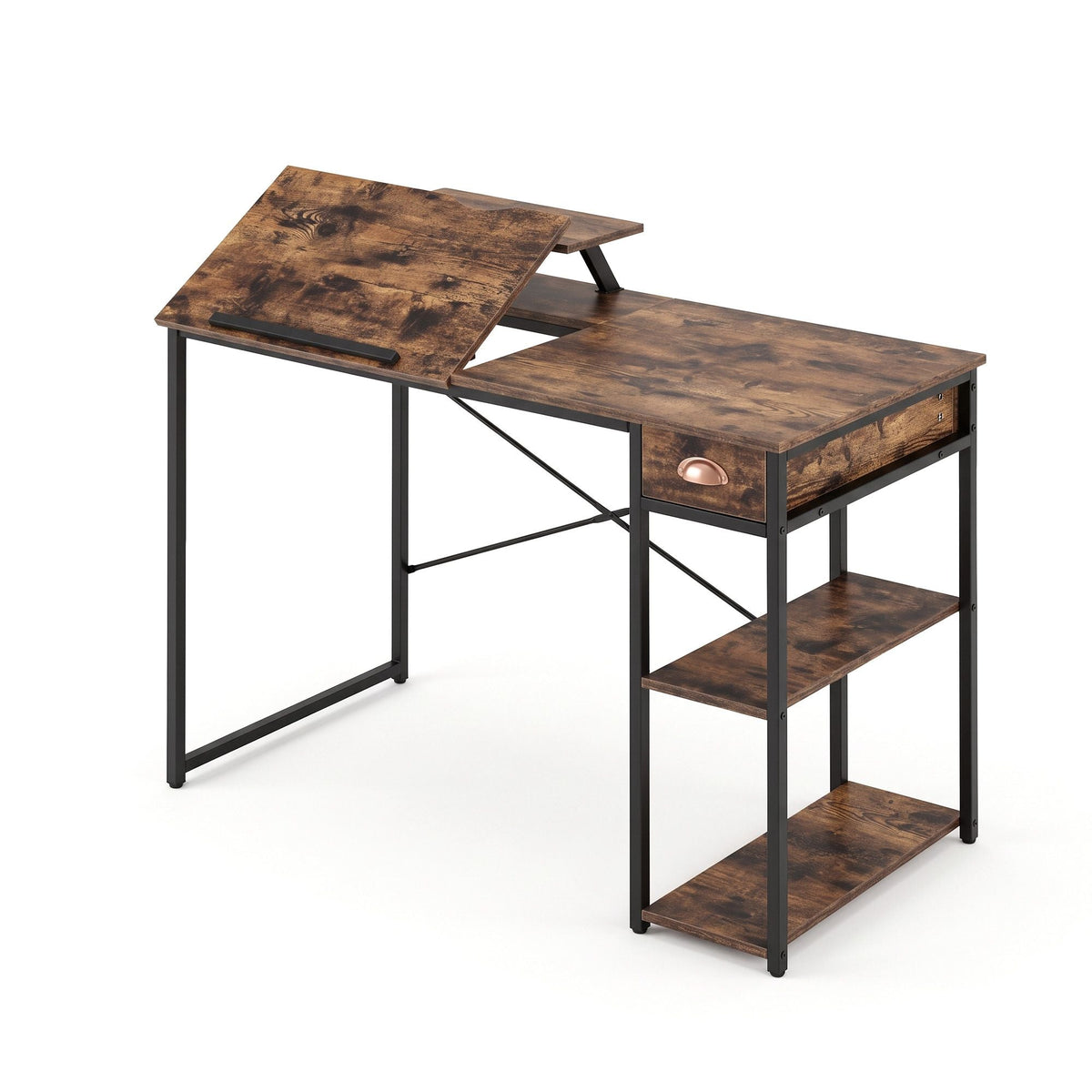 Computer Desk Drafting Table with Tiltable Top and Drawer 108cm - Rustic Brown - Furniture > Office > Desks - Rivercity House & Home Co. (ABN 18 642 972 209) - Affordable Modern Furniture Australia