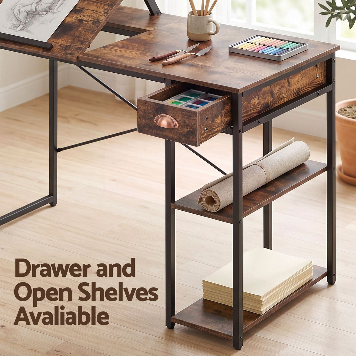 Computer Desk Drafting Table with Tiltable Top and Drawer 108cm - Rustic Brown - Furniture > Office > Desks - Rivercity House & Home Co. (ABN 18 642 972 209) - Affordable Modern Furniture Australia