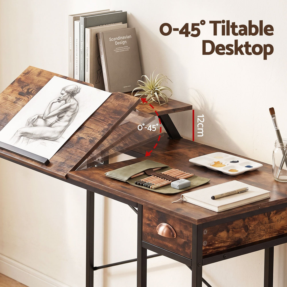 Computer Desk Drafting Table with Tiltable Top and Drawer 108cm - Rustic Brown - Furniture > Office > Desks - Rivercity House & Home Co. (ABN 18 642 972 209) - Affordable Modern Furniture Australia