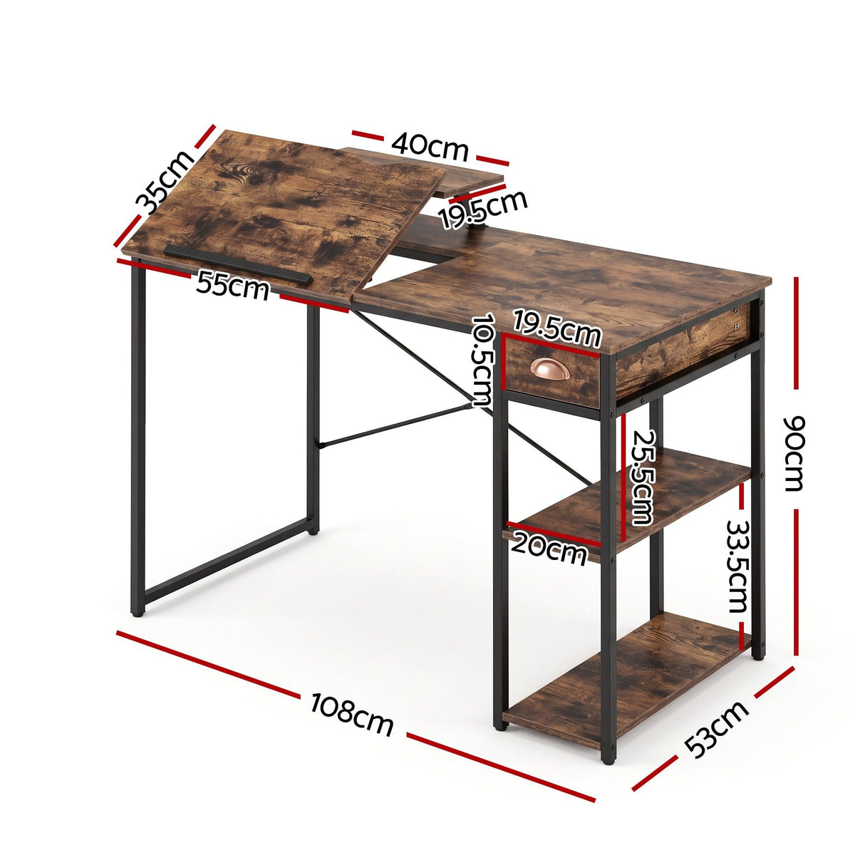 Computer Desk Drafting Table with Tiltable Top and Drawer 108cm - Rustic Brown - Furniture > Office > Desks - Rivercity House & Home Co. (ABN 18 642 972 209) - Affordable Modern Furniture Australia
